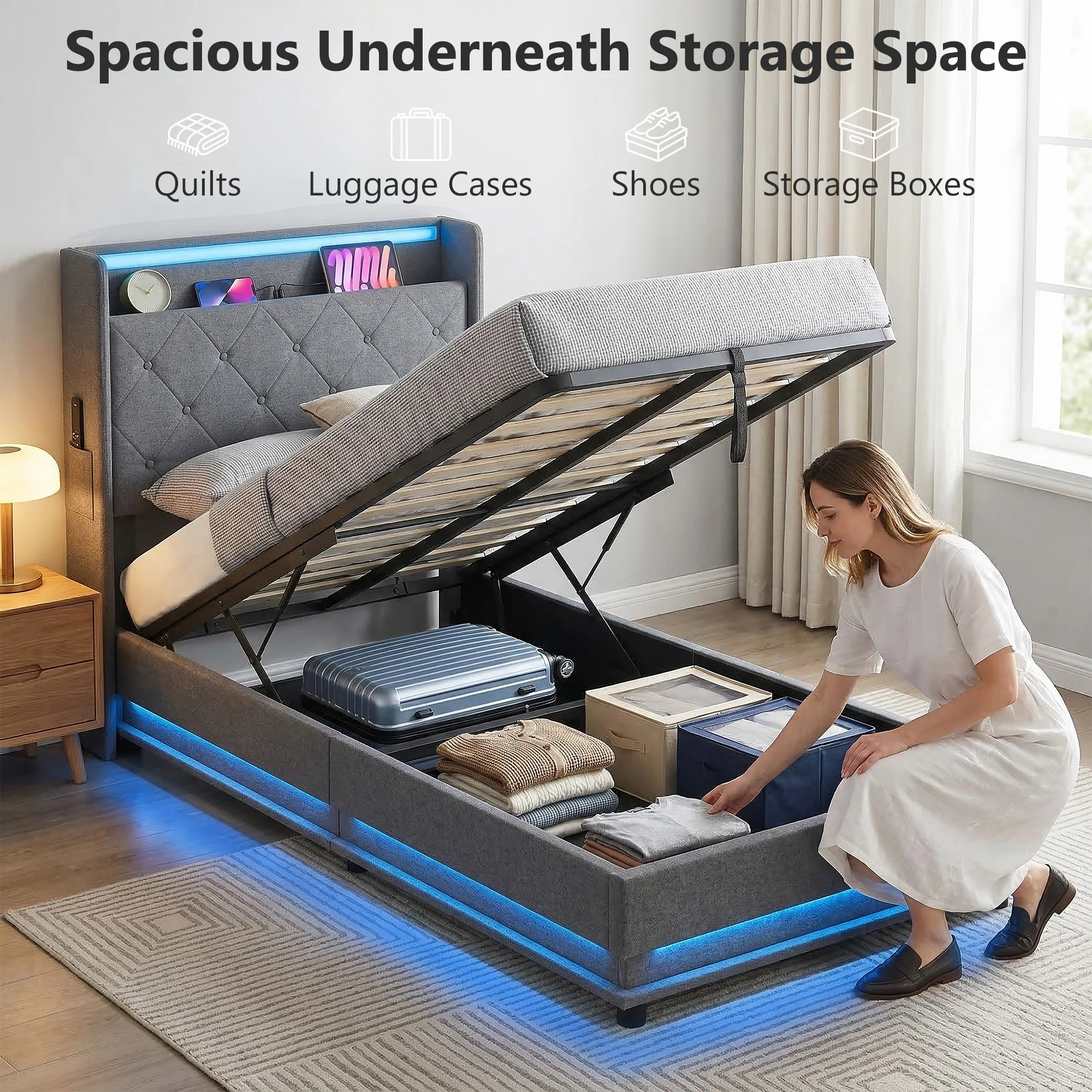HOMCOM Lift up Storage Bed Frame with RGB LED Lights Dark Grey - Image 3