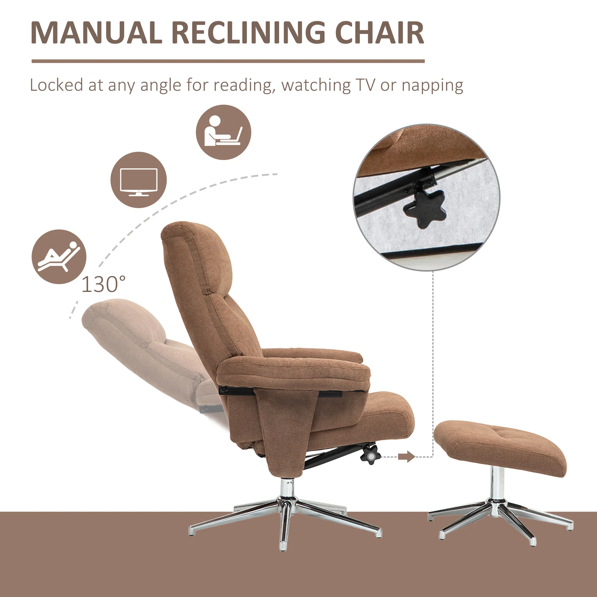 HOMCOM Recliner Chair With Footstool With Adjustable Back - Brown/Charcoal Grey - Image 3