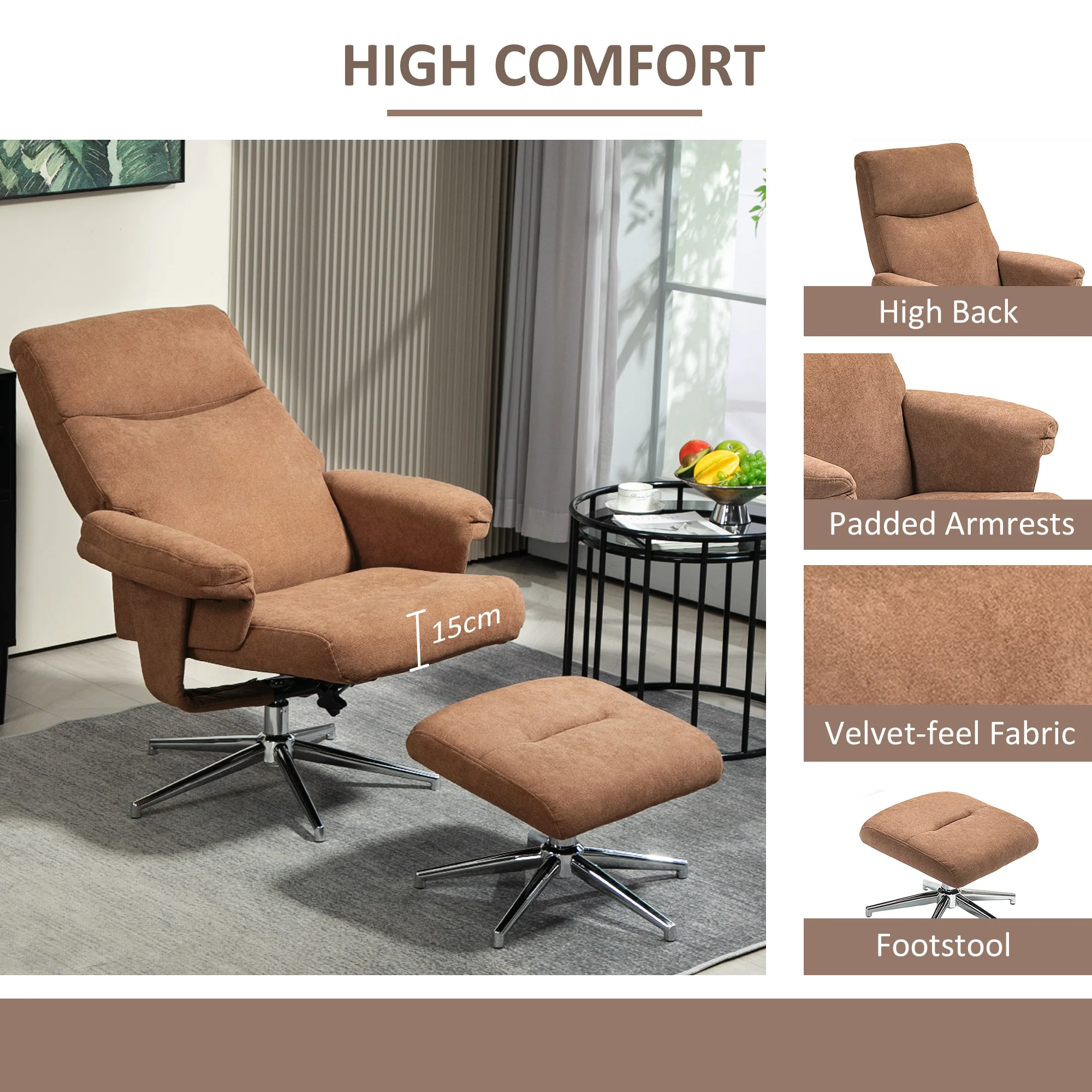HOMCOM Recliner Chair With Footstool With Adjustable Back - Brown/Charcoal Grey - Image 4