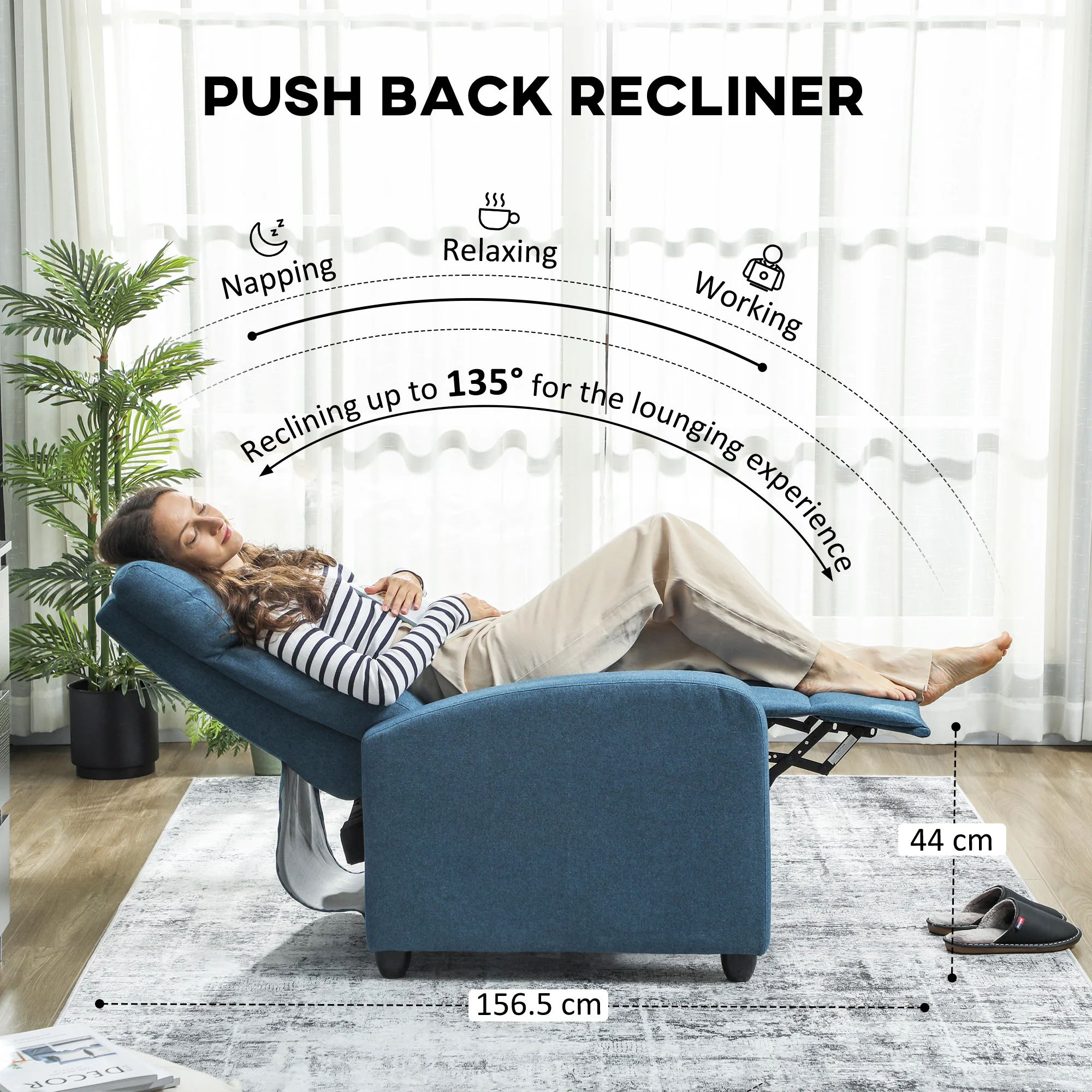 HOMCOM Linen Fabric Reclining Chair With Padded Seat, Blue - Image 3