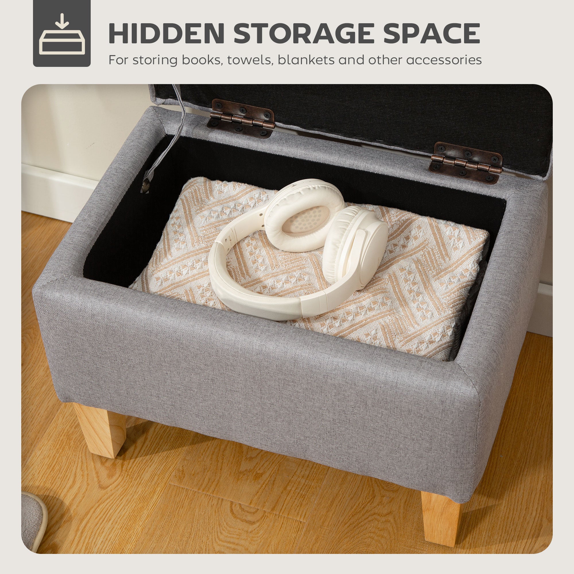 HOMCOM Linen Storage Ottoman Storage Box With Rubberwood Legs - Image 12
