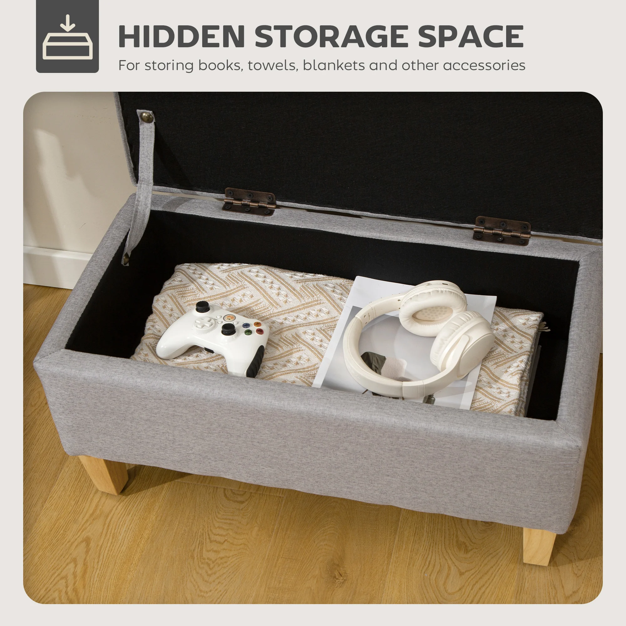HOMCOM Linen Storage Ottoman Storage Box With Rubberwood Legs - Image 3