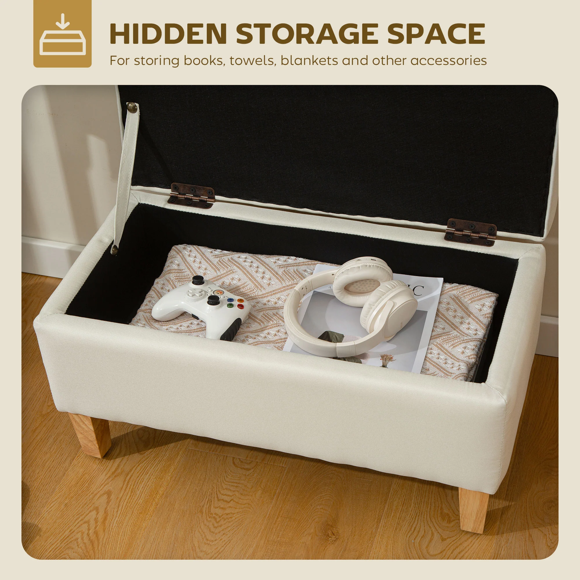 HOMCOM Linen Storage Ottoman Storage Box With Rubberwood Legs - Image 3