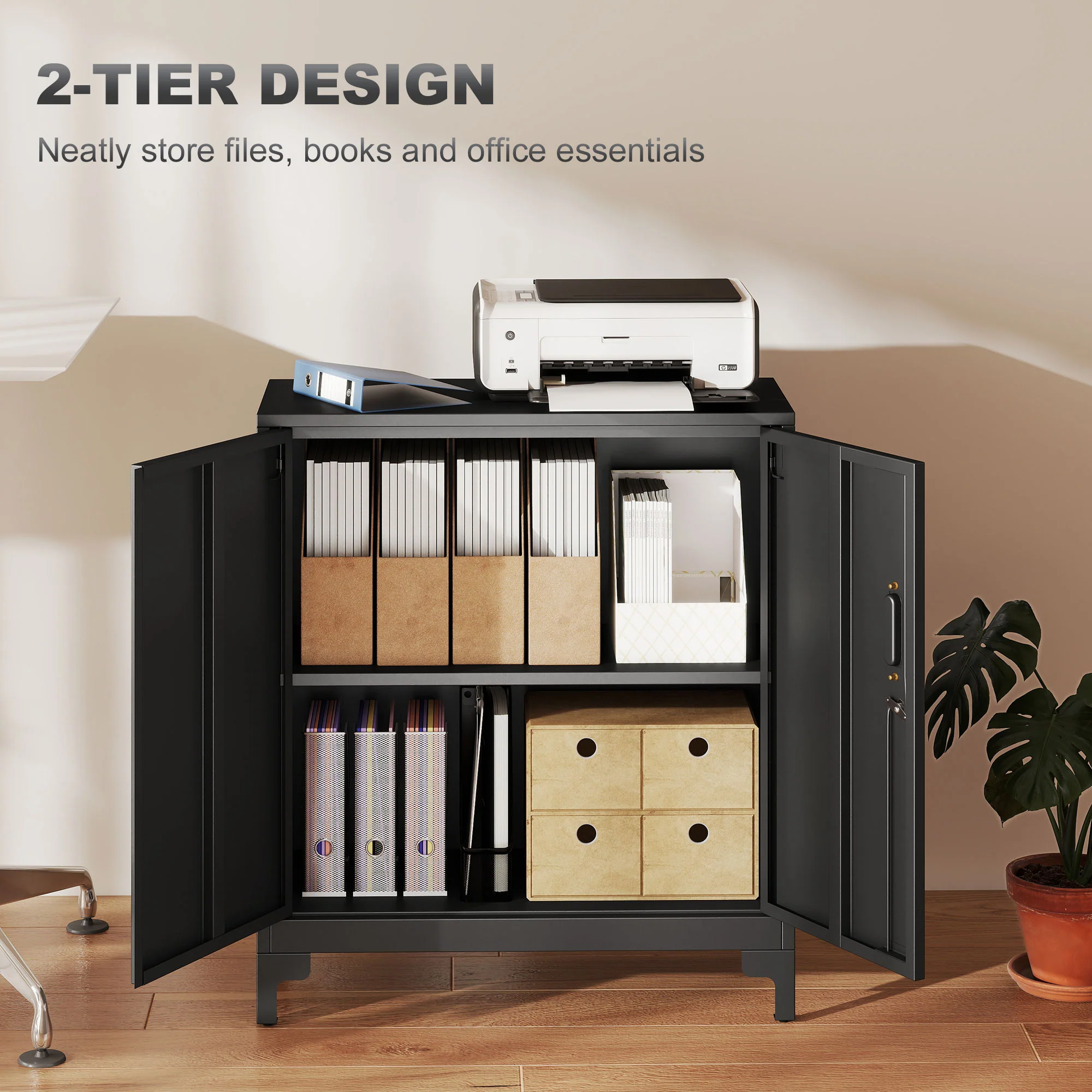 HOMCOM Lockable Metal Filing Cabinet, 2-Tier Storage Cupboard, Black - Image 4