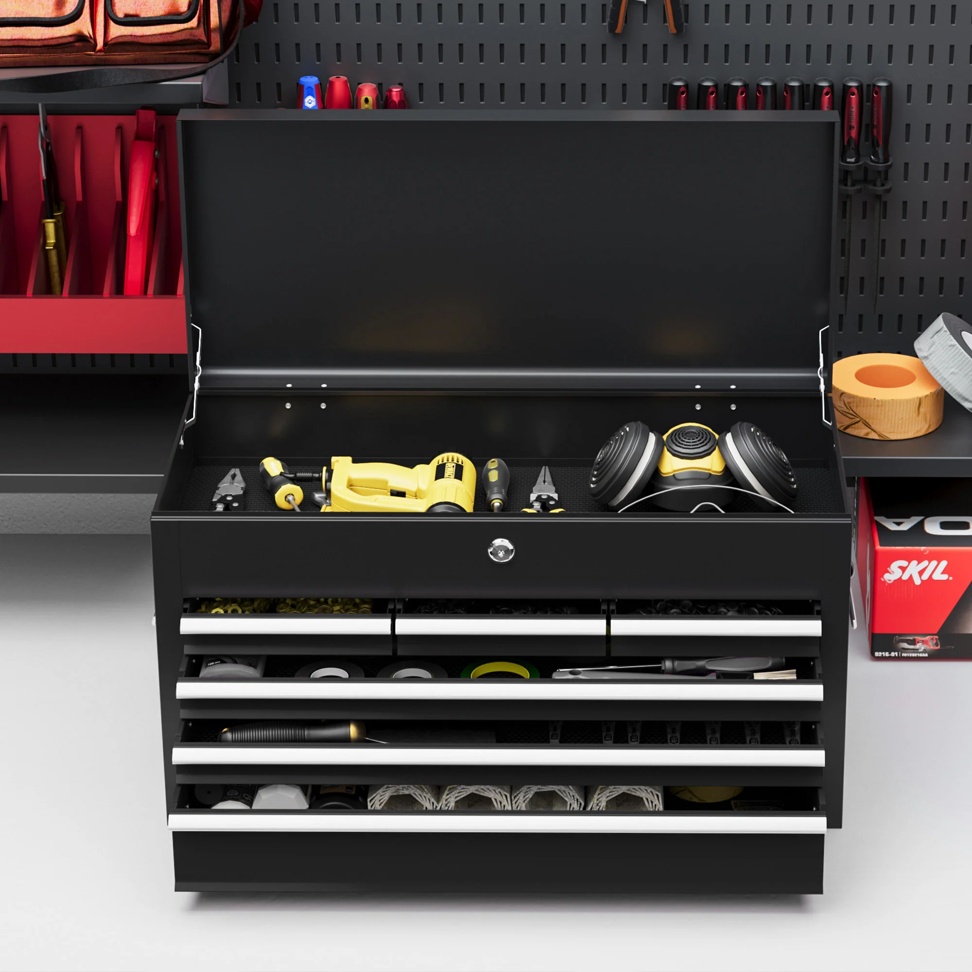 HOMCOM Lockable Metal Tool Chest W/ 6 Drawer, Ball Bearing Runners - Red/Black - Image 16