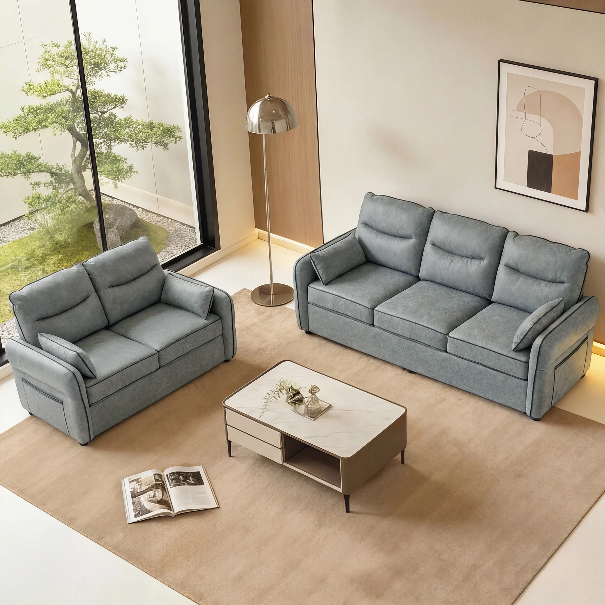HOMCOM Loveseat Sofa, Faux Leather Sofa with Thicken Cushion, Grey - Image 7