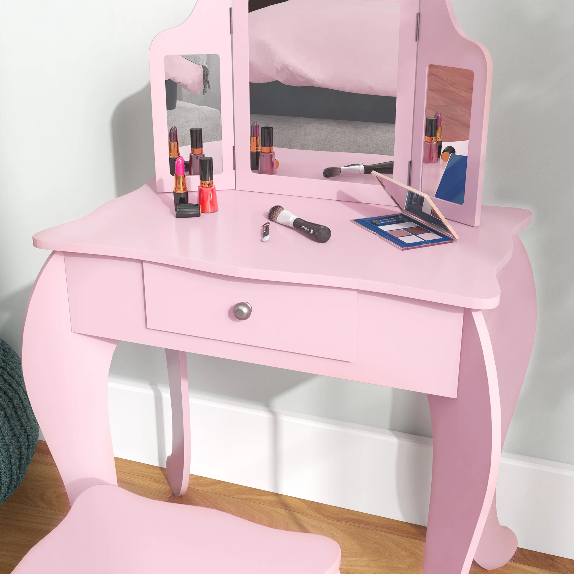 HOMCOM Makeup Dressing Table Set With Tri-Folding Mirror And Drawer, Pink - Image 6