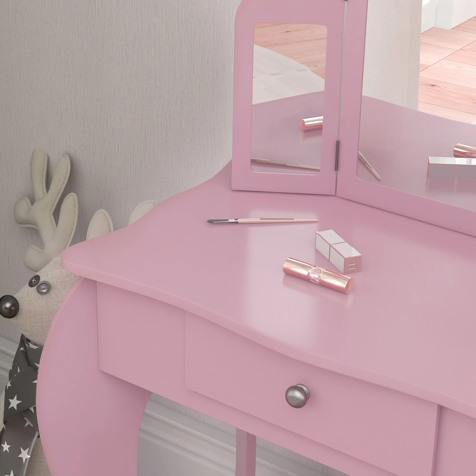 HOMCOM Makeup Dressing Table Set With Tri-Folding Mirror And Drawer, Pink - Image 7