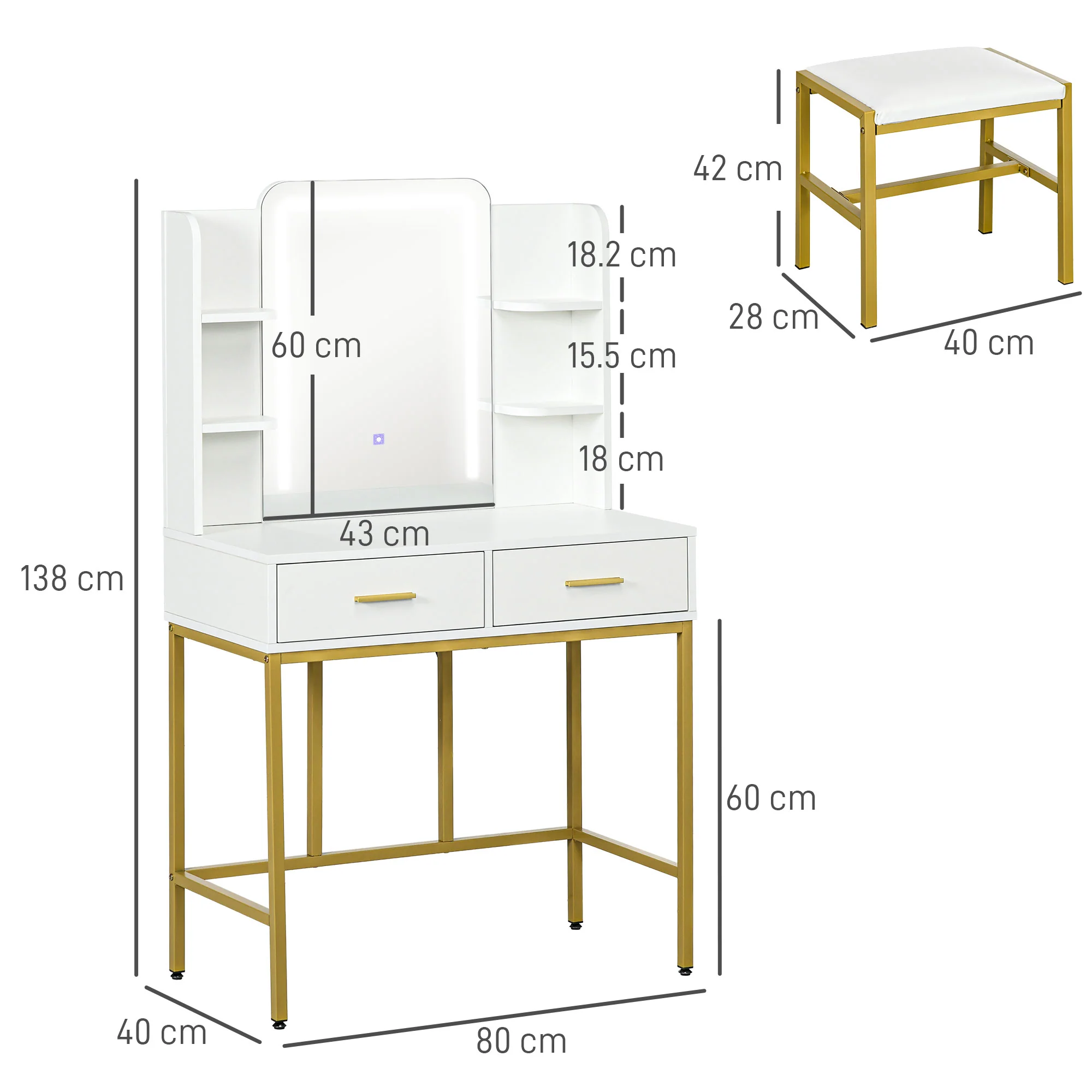 HOMCOM Makeup Vanity Desk Set With Lighting Mirror, Stool, Drawers, White - Image 5