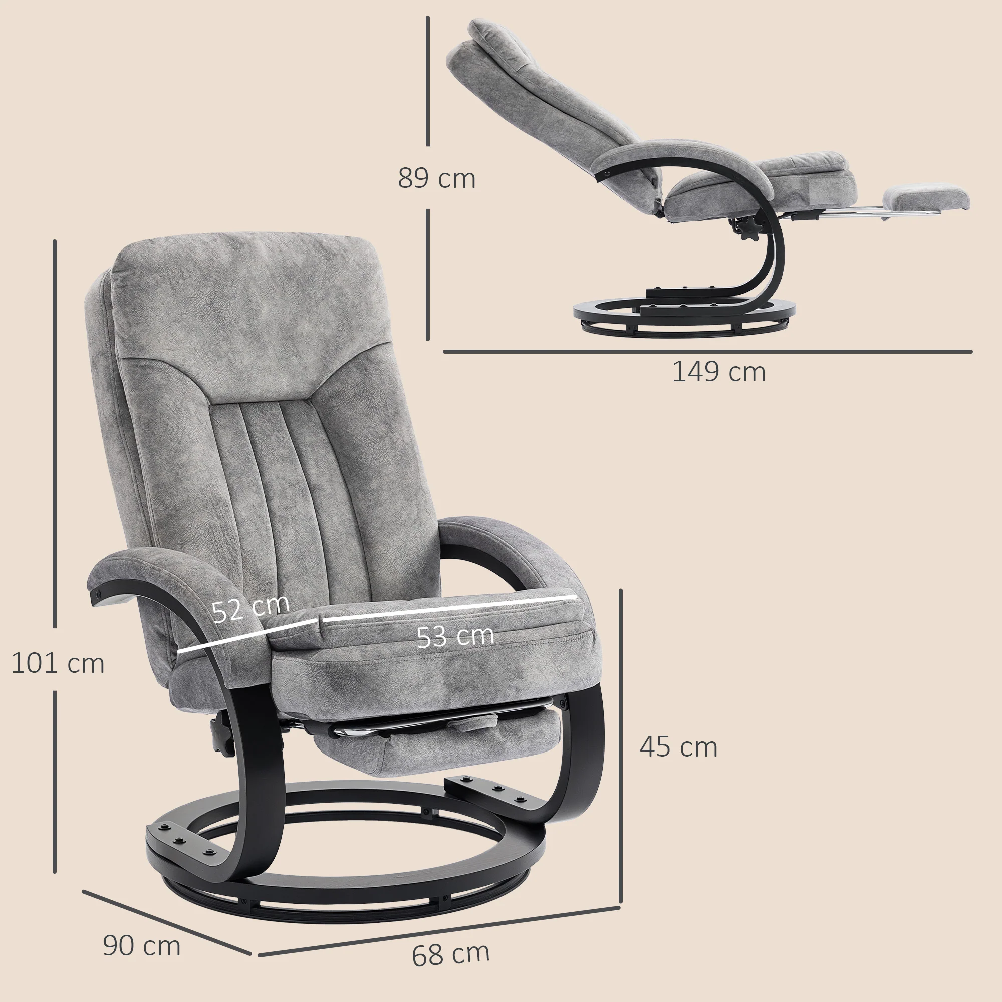 HOMCOM Manual Recliner Armchair With Footrest, Wooden Base, Grey - Image 5