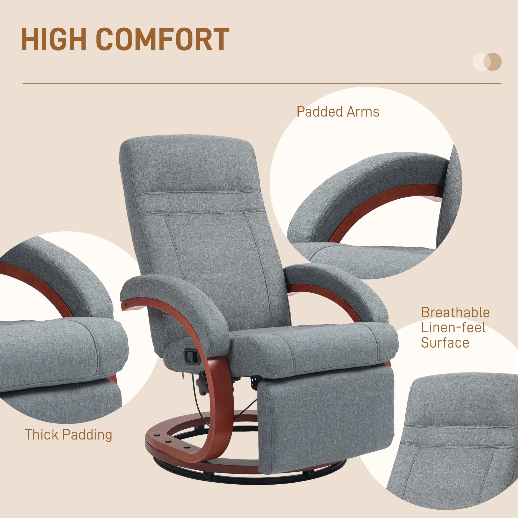 HOMCOM Manual Recliner Swivel Reclining Chair with Footrest Armrests Grey - Image 7