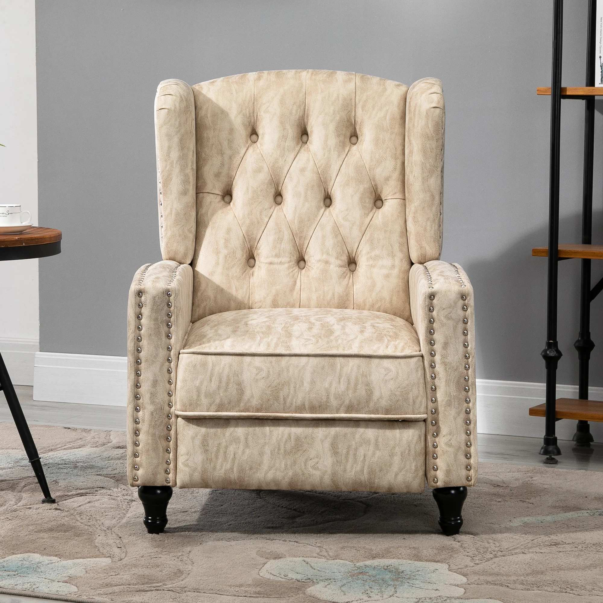 HOMCOM Marble Effect Manual Reclining Armchair W/ Footrest Studs Wood Legs Beige - Image 8