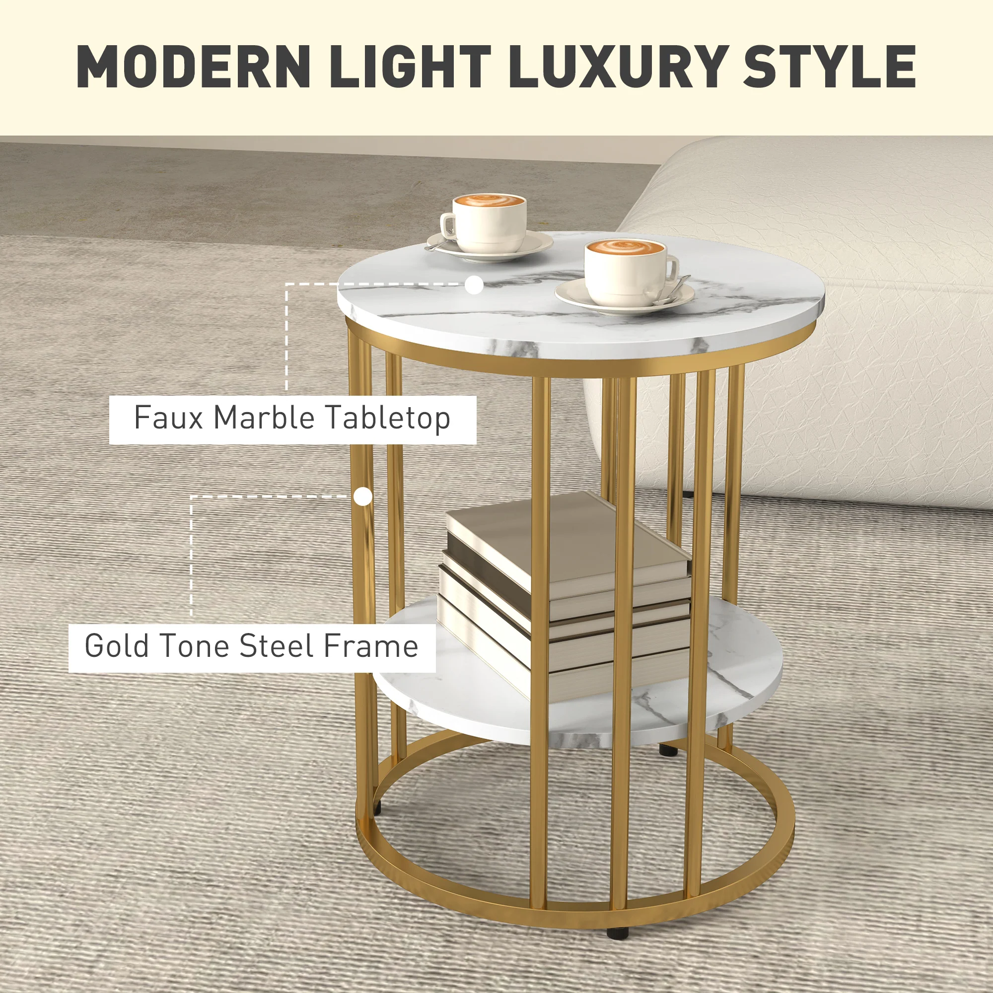 HOMCOM Marble-Effect Round Coffee Table Set of 2 for Living Room, Gold Tone - Image 6
