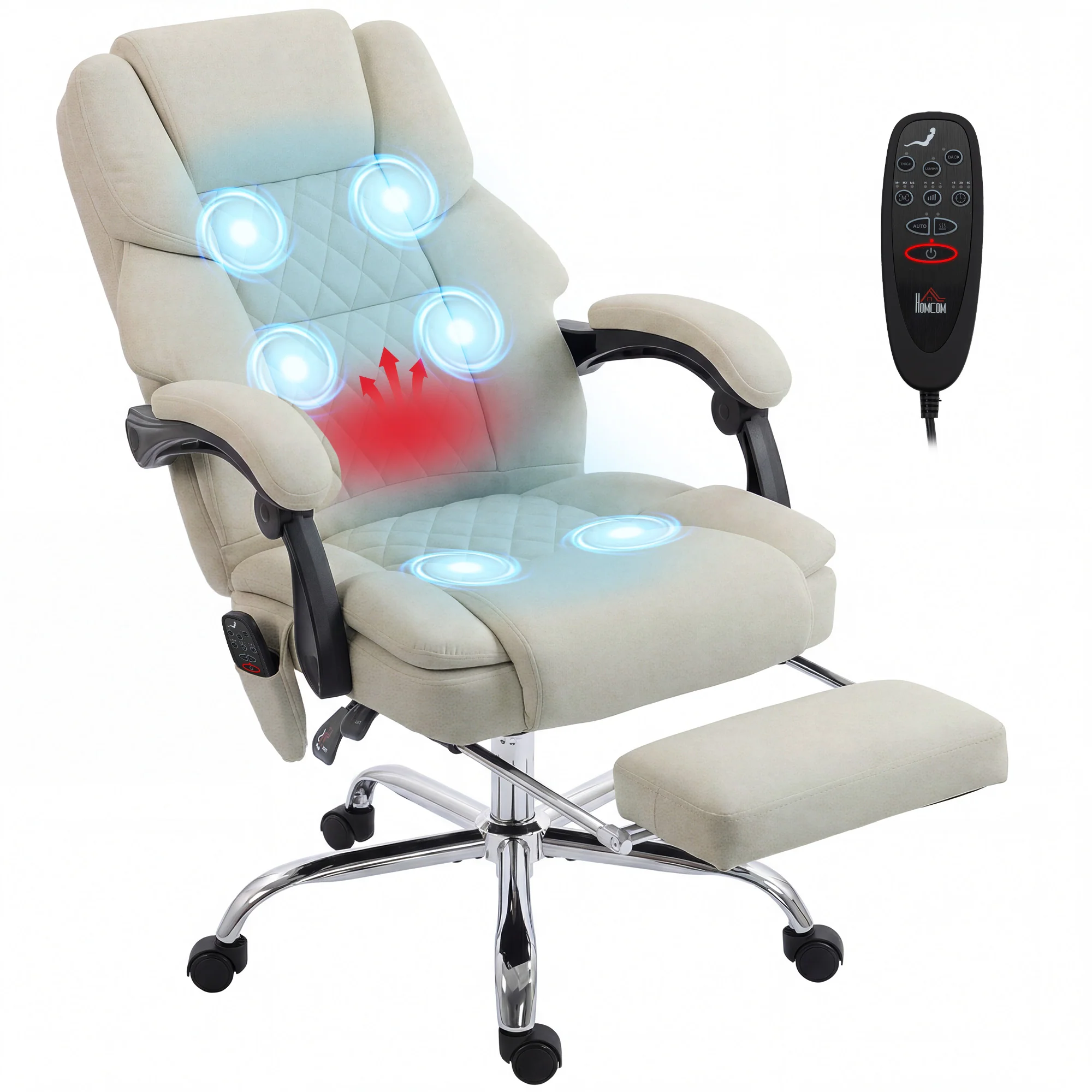 HOMCOM Massage Office Chair With Heat, 135° Reclining Desk Chair, Cream