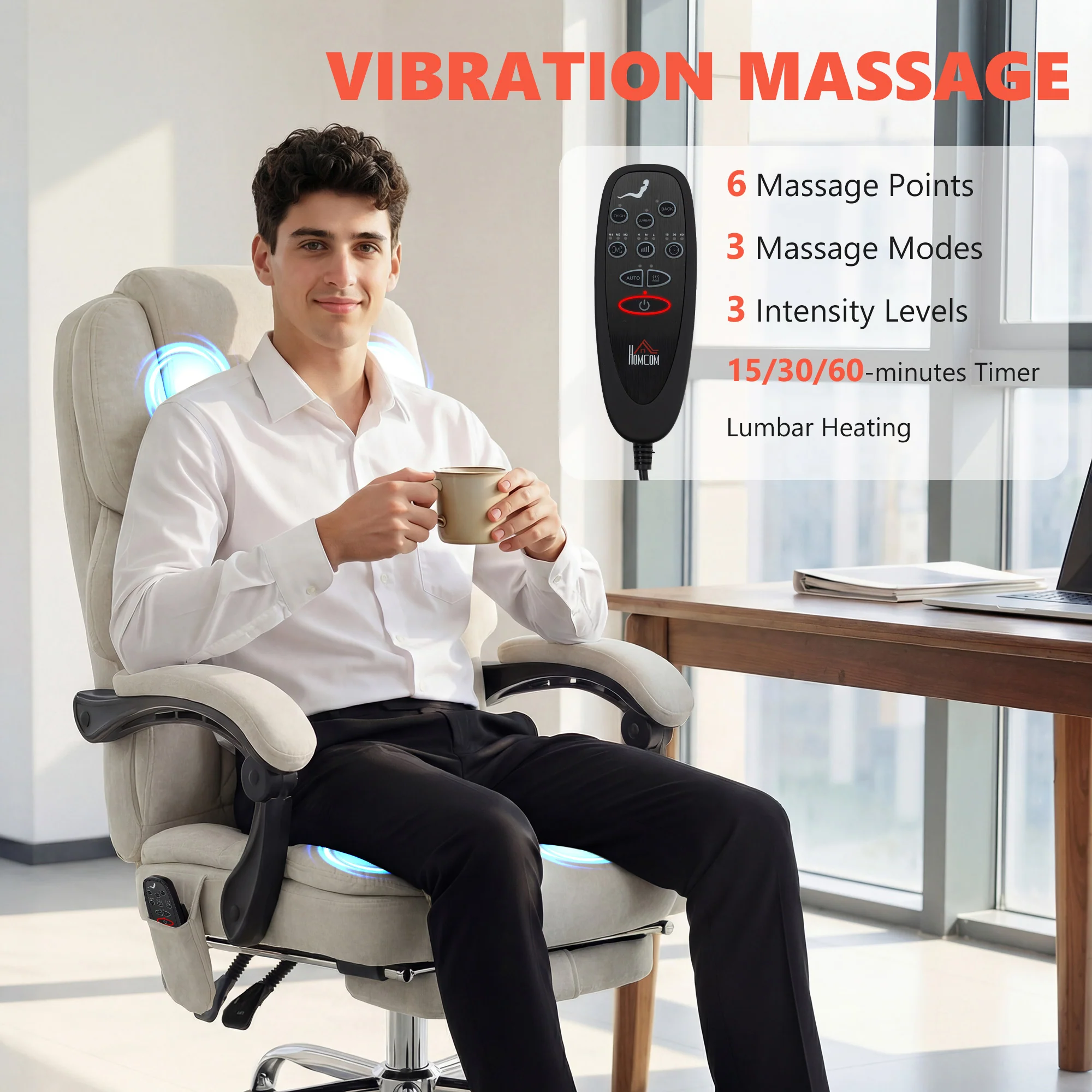 HOMCOM Massage Office Chair With Heat, 135° Reclining Desk Chair, Cream - Image 4