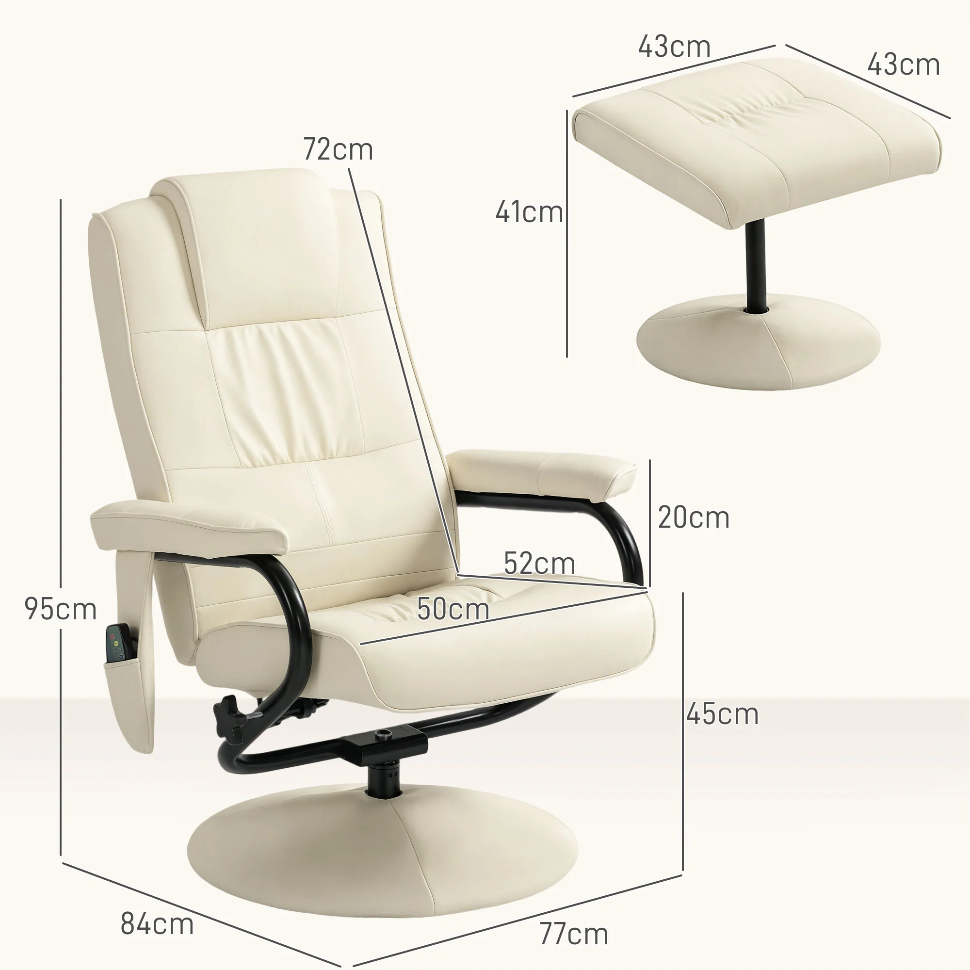 HOMCOM Massage Recliner Chair Cushioned Ottoman 10 Point Vibration Cream - Image 5