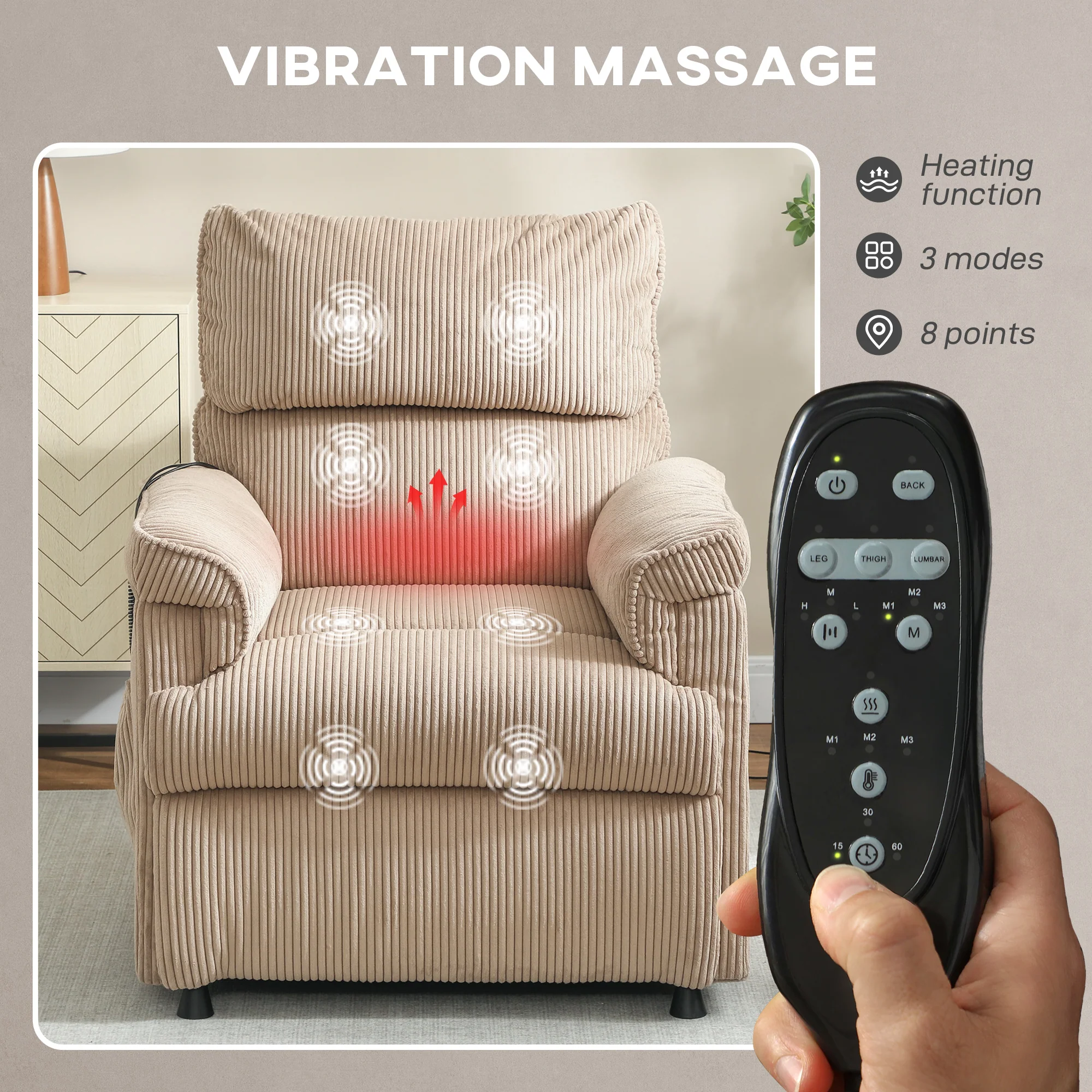 HOMCOM Massage Recliner With Quiet Motor, Power Reclining Chair, Brown - Image 3
