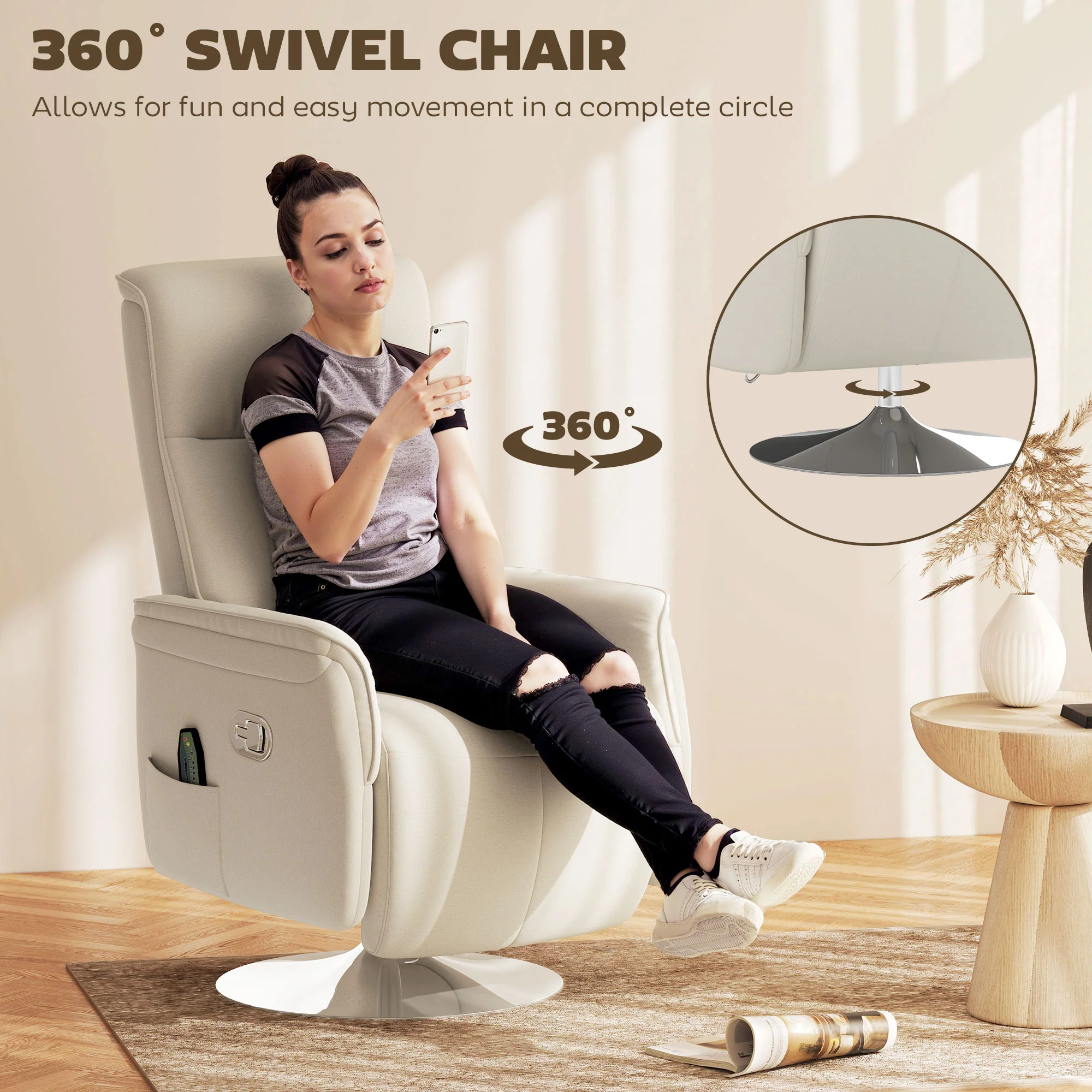 HOMCOM Massage Reclining Chair with Adjustable Backrest, Cream White - Image 3