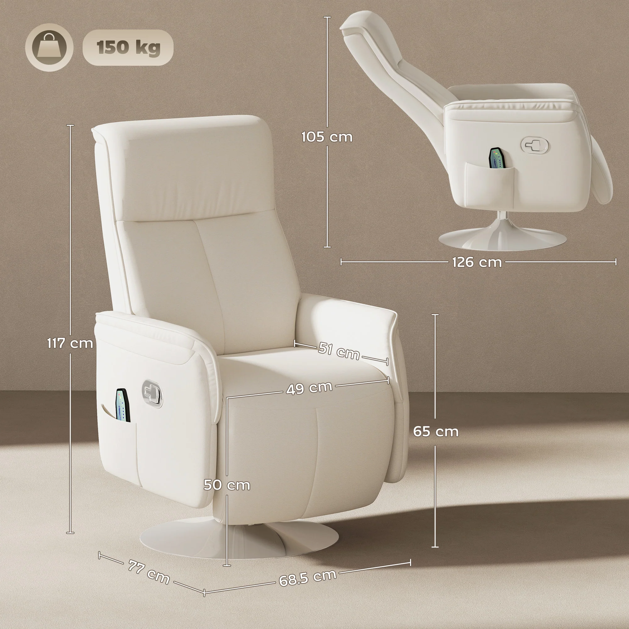 HOMCOM Massage Reclining Chair with Adjustable Backrest, Cream White - Image 5