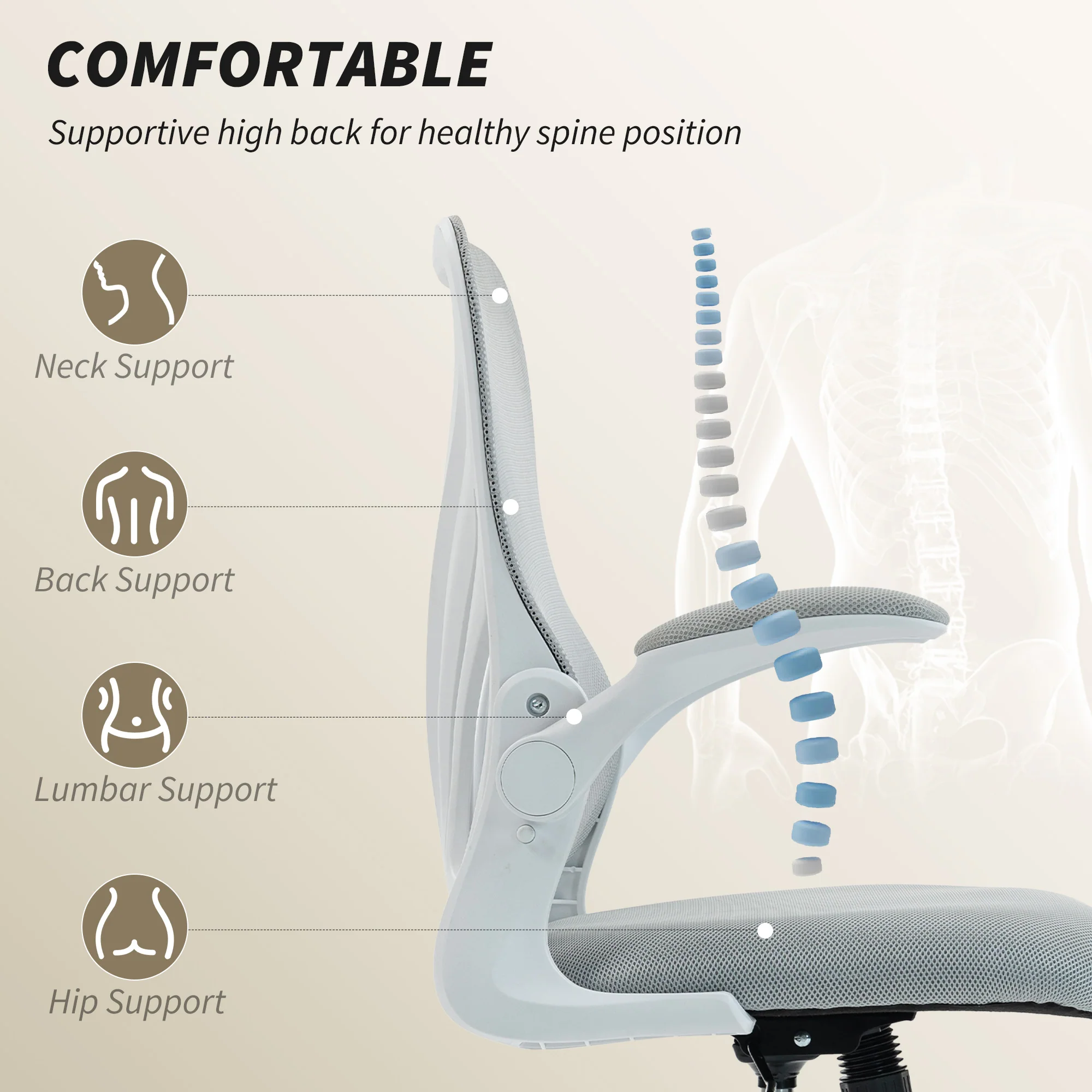 HOMCOM Mesh Office Chair, Computer Chair with Foldable Backrest, Grey - Image 3