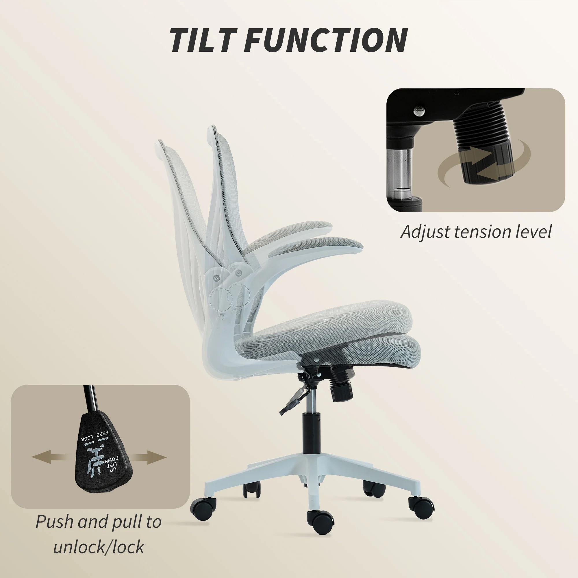 HOMCOM Mesh Office Chair, Computer Chair with Foldable Backrest, Grey - Image 7