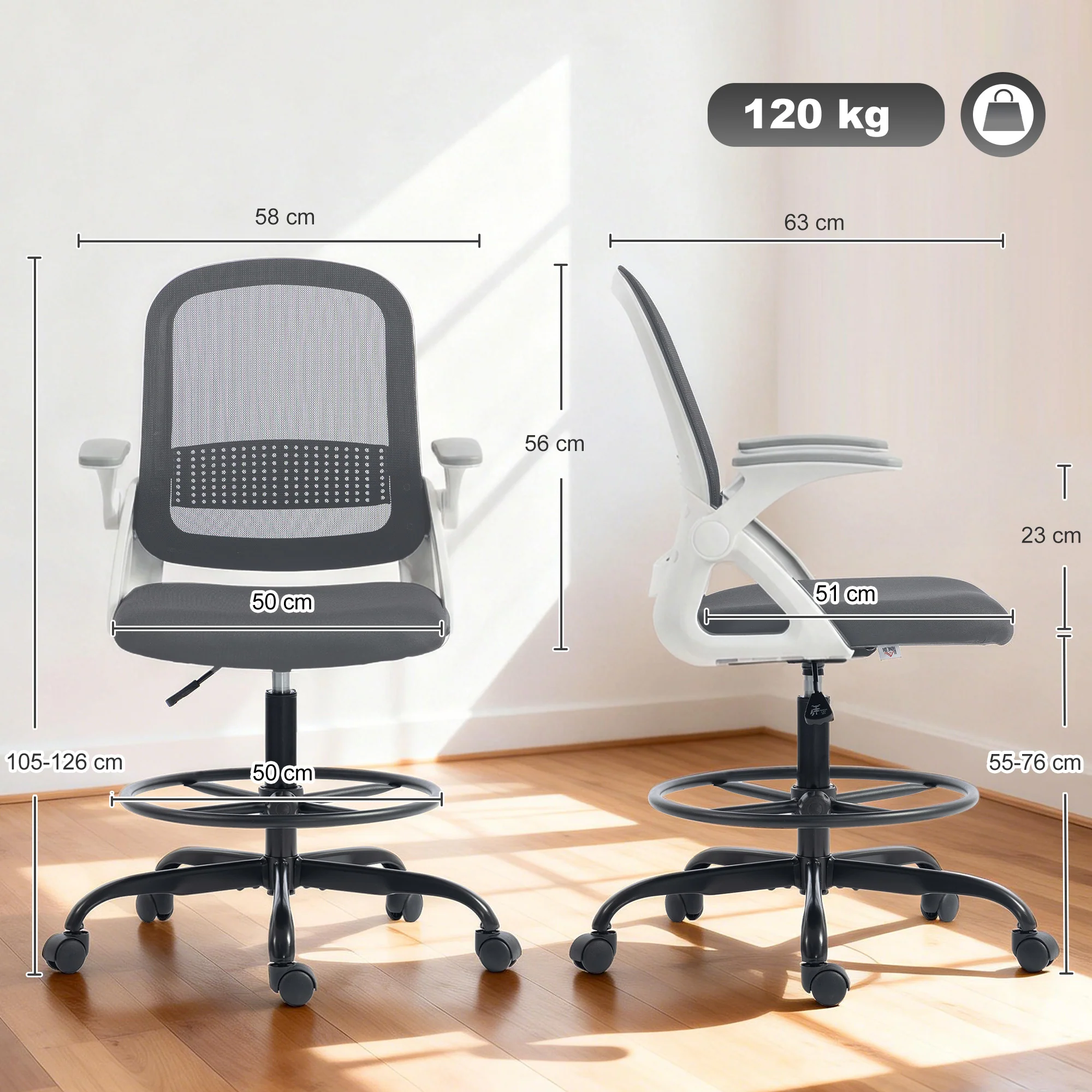 HOMCOM Mesh Painting Chair, Rolling Desk Chair With Flip-up Armrests, Grey - Image 3