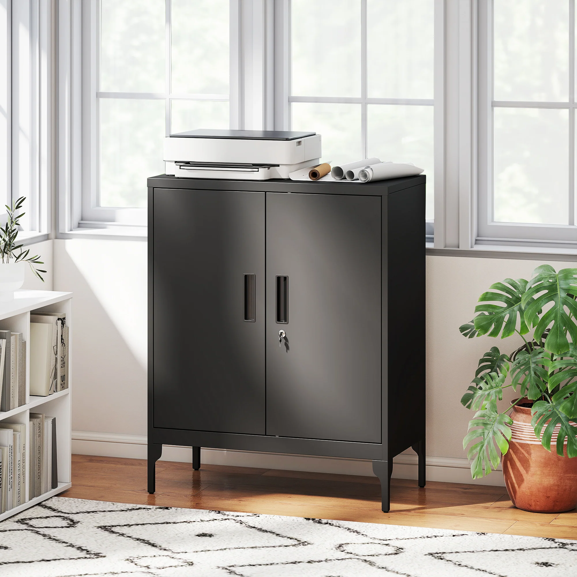 HOMCOM Metal Storage Cabinet with Lock for Home Office, Garage, Study, Black - Image 2