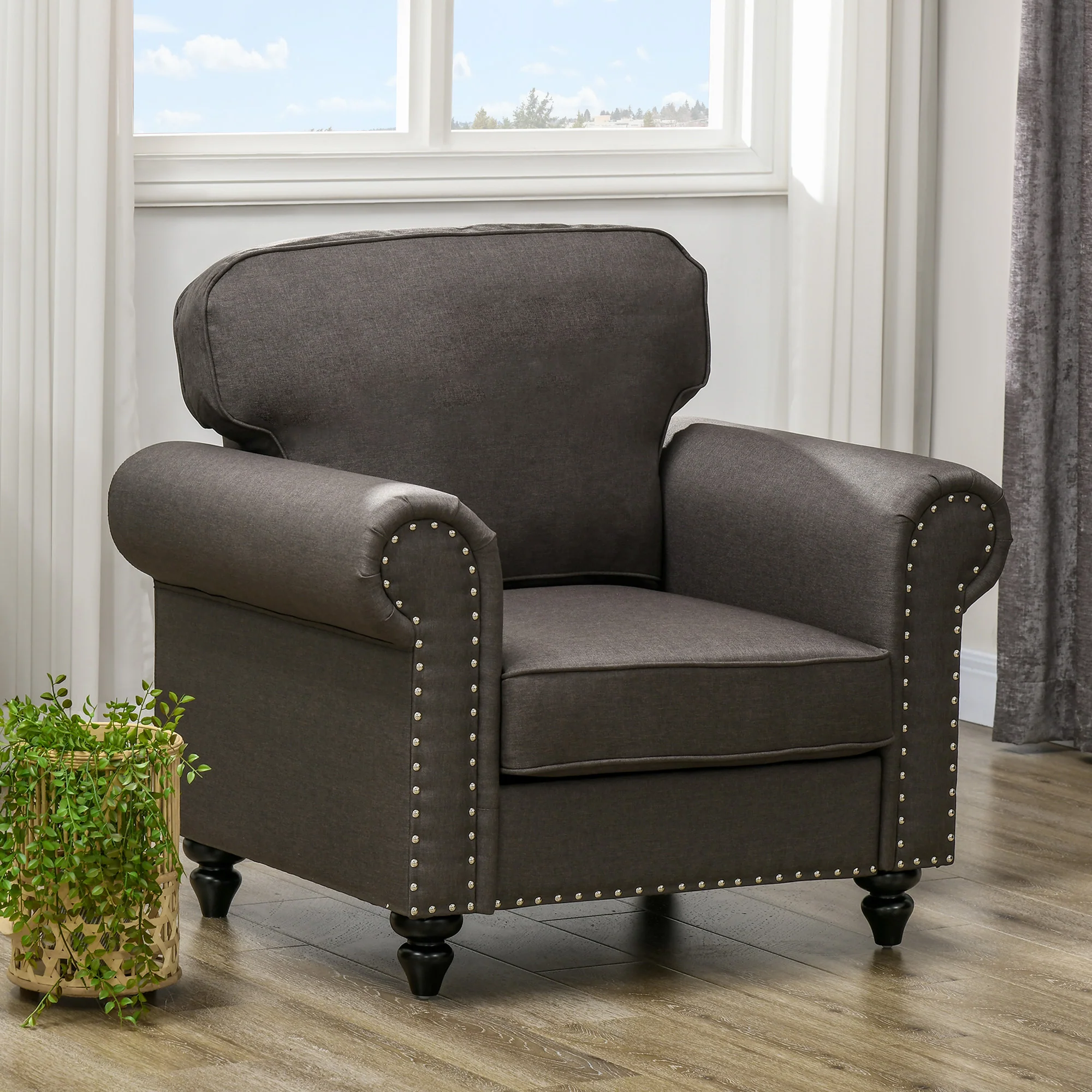 HOMCOM Mid-Century Armchair Upholstered Accent Chair w/ Wood Frame, Brown - Image 2