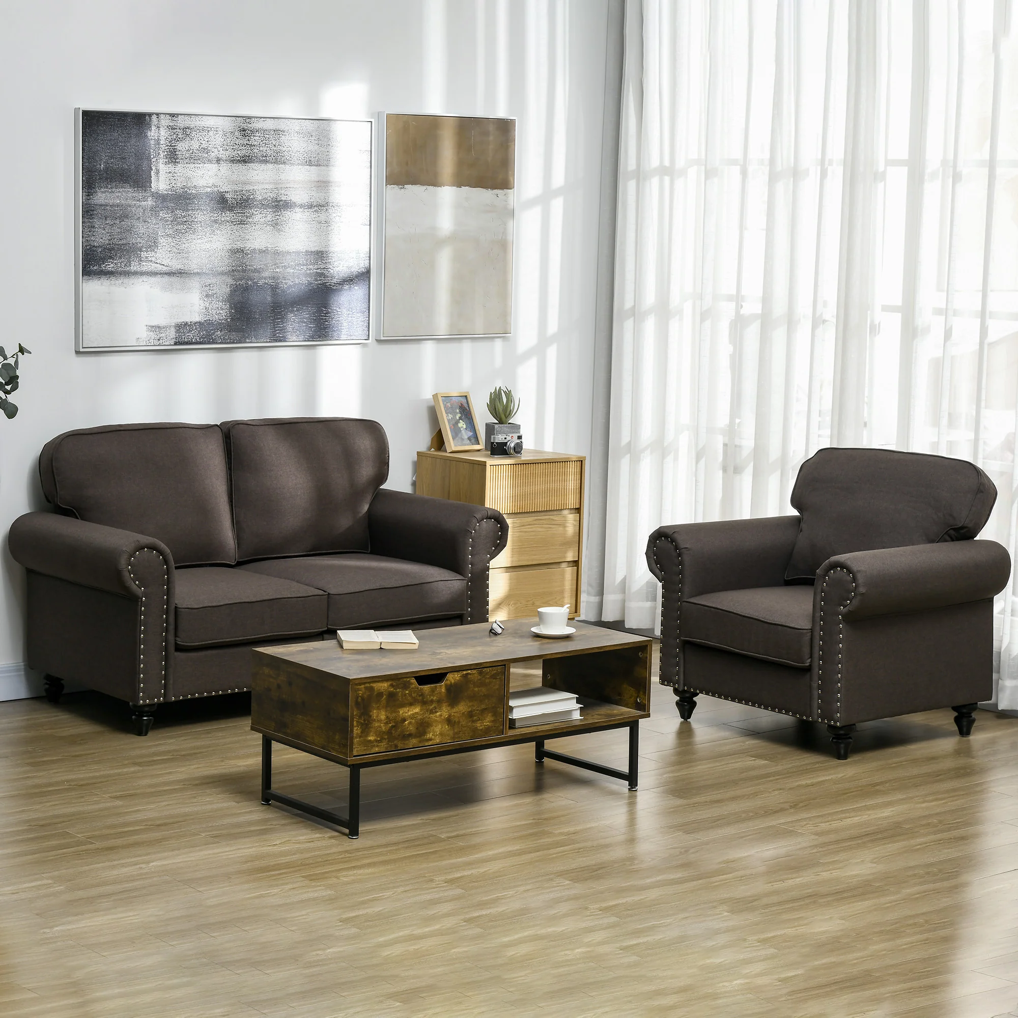 HOMCOM Mid-Century Armchair Upholstered Accent Chair w/ Wood Frame, Brown - Image 7