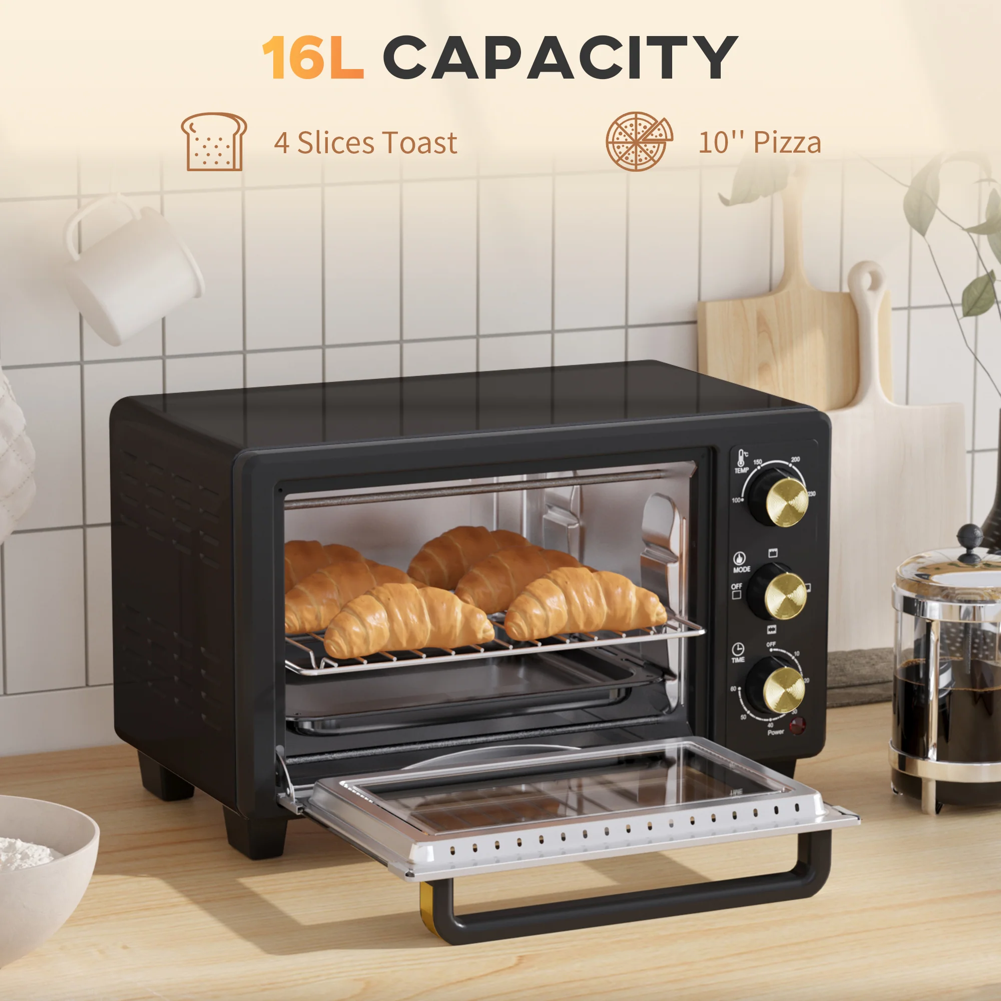 HOMCOM Mini Oven 16L Countertop Oven W/ Adjustable Temp Timer 1400W, Black - Image 3