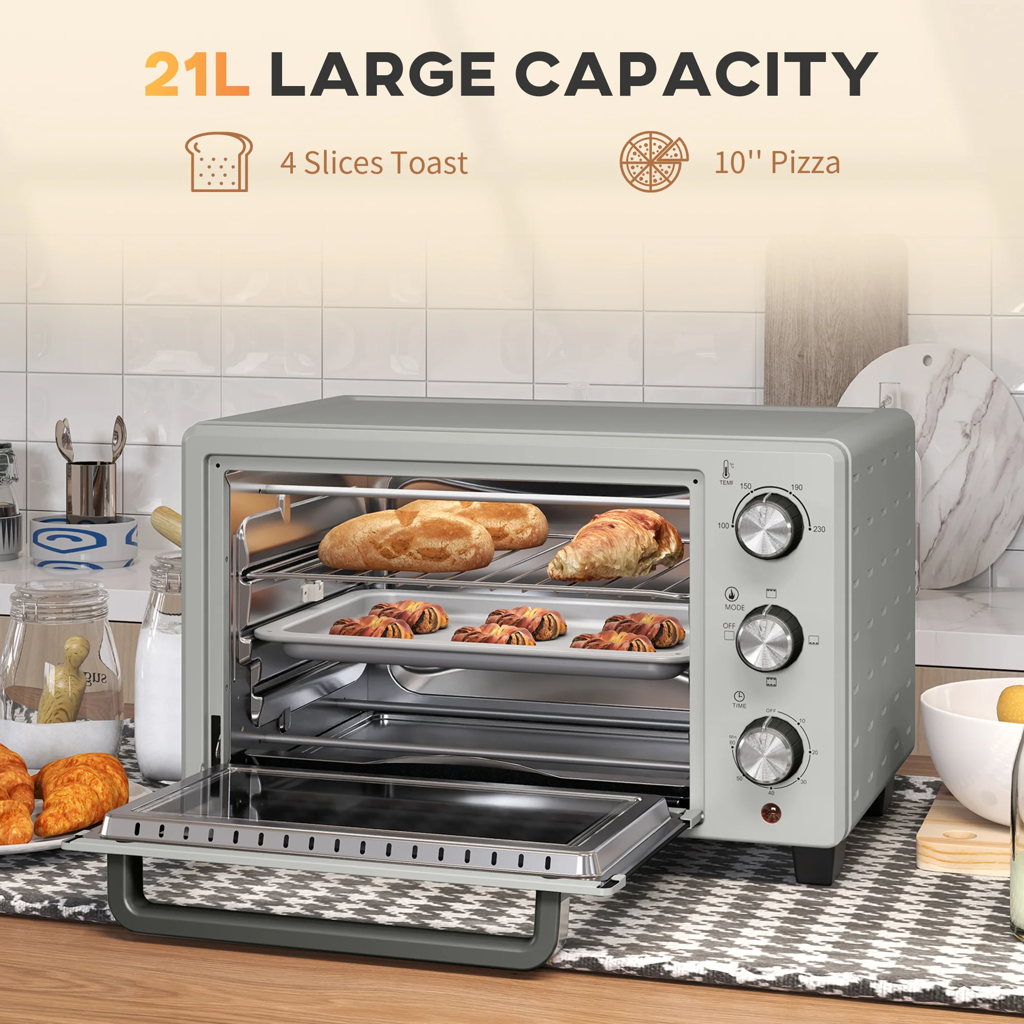 HOMCOM Mini Oven 21L Electric Grill W/ Adjustable Temp 1400W, Silver Tone - Image 3