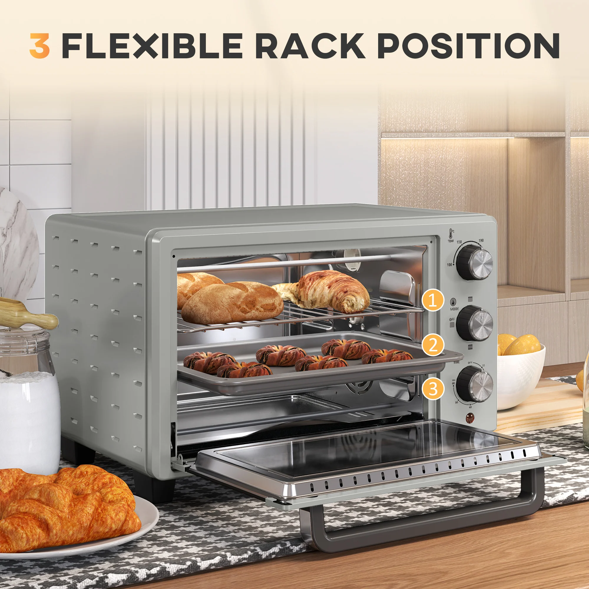 HOMCOM Mini Oven 21L Electric Grill W/ Adjustable Temp 1400W, Silver Tone - Image 4