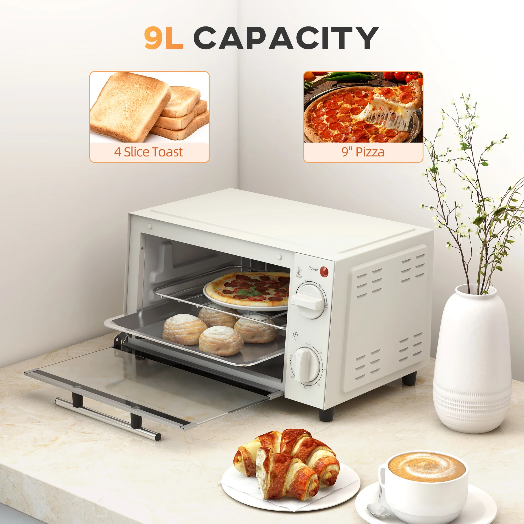 HOMCOM Mini Oven 9L Countertop Electric Grill W/ Temp Timer Control 750W Cream - Image 3