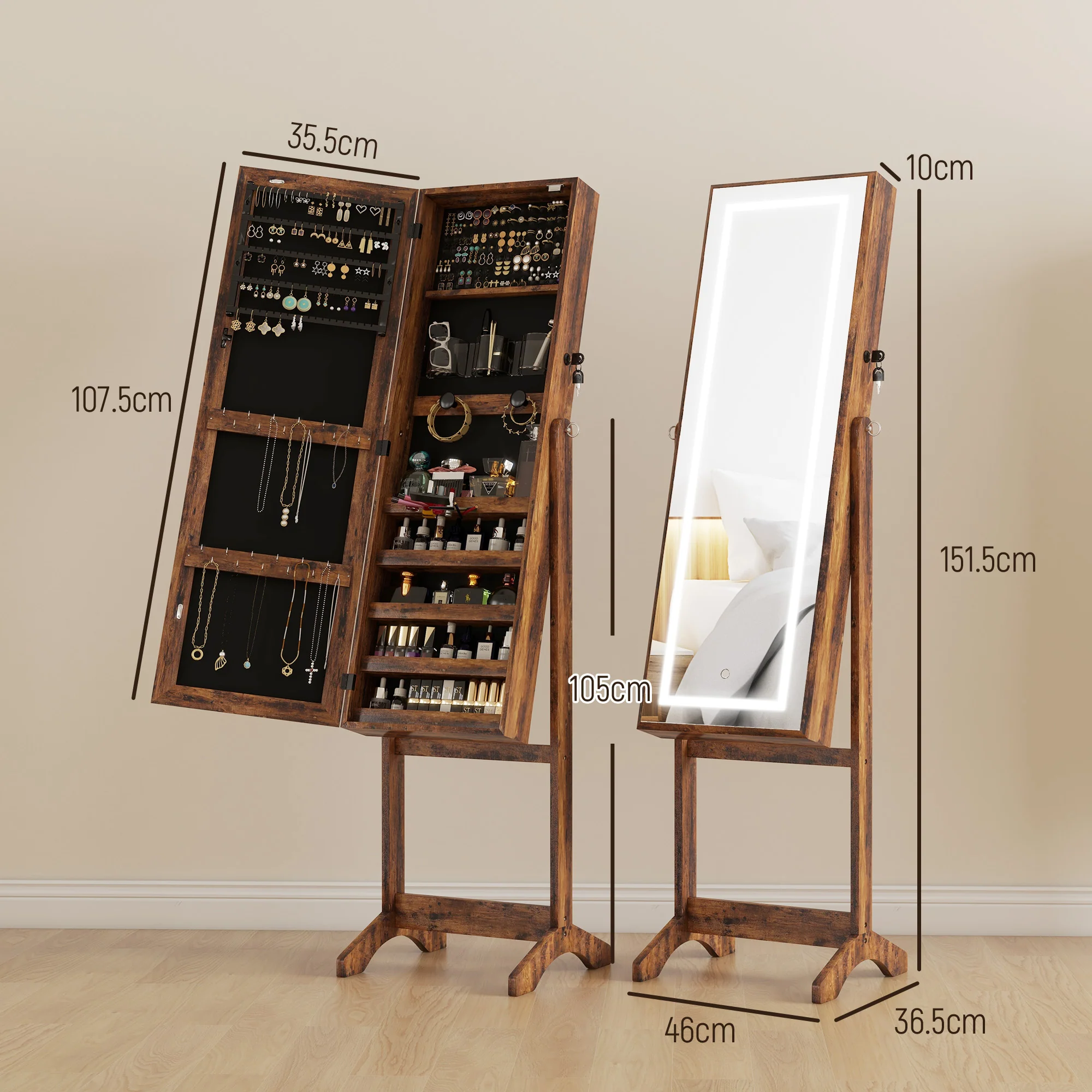 HOMCOM Mirrored Jewellery Cabinet W/ LED Light Lockable Jewellery Rustic Brown - Image 5