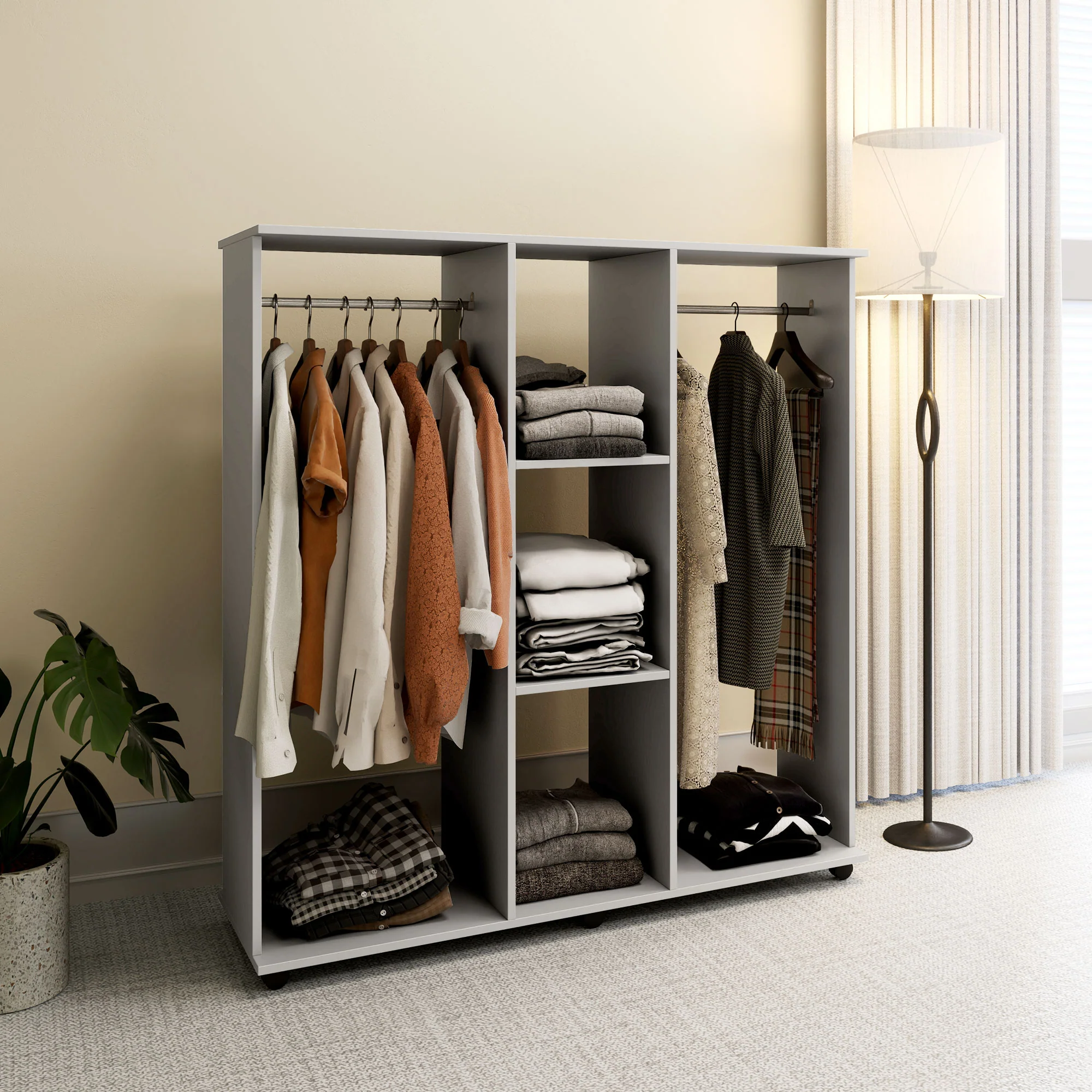 HOMCOM Mobile Double Open Wardrobe W/ Clothes Hanging Rail Clothing Grey - Image 7