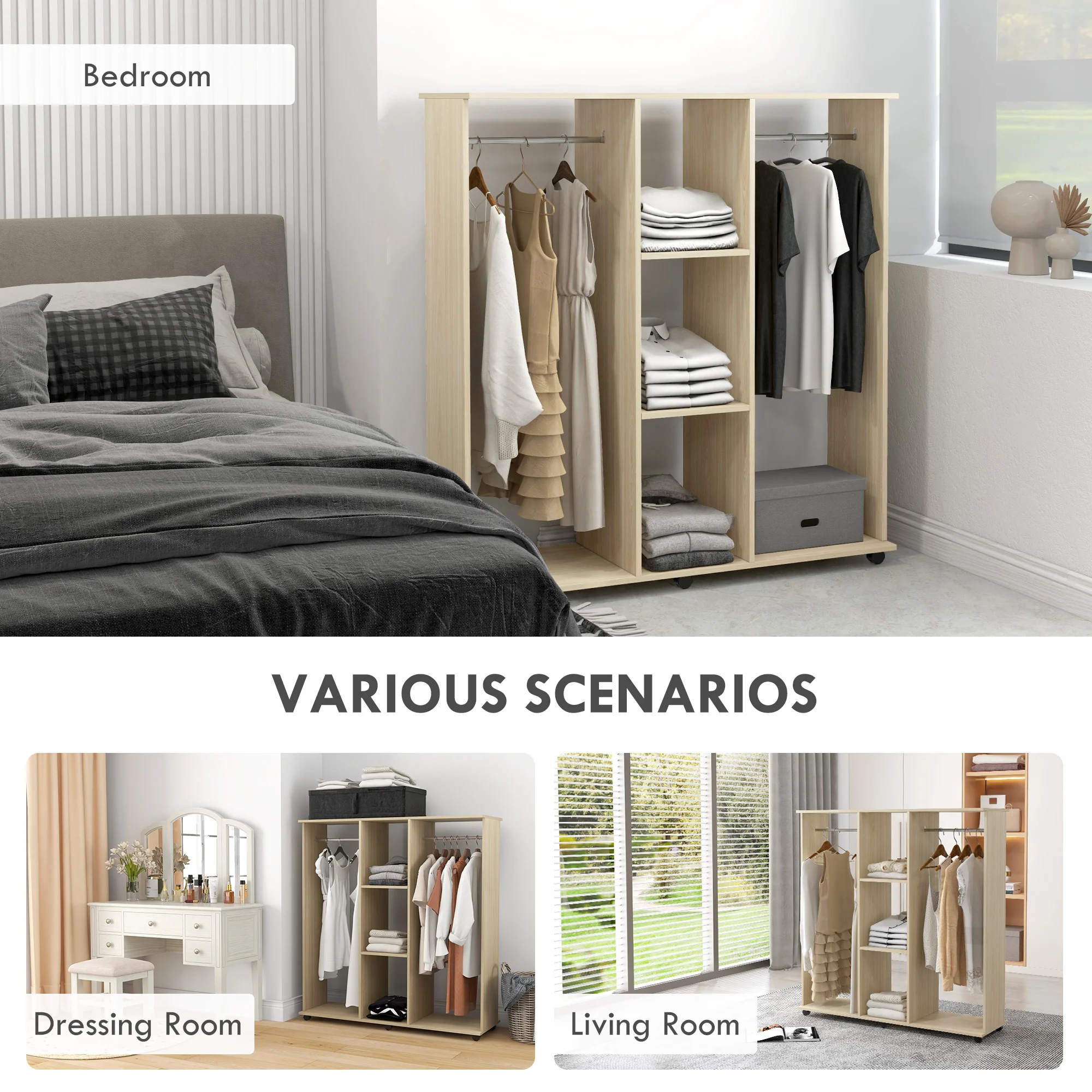 HOMCOM Mobile Double Open Wardrobe w/ Clothes Hanging Rail Colthing Natural - Image 4