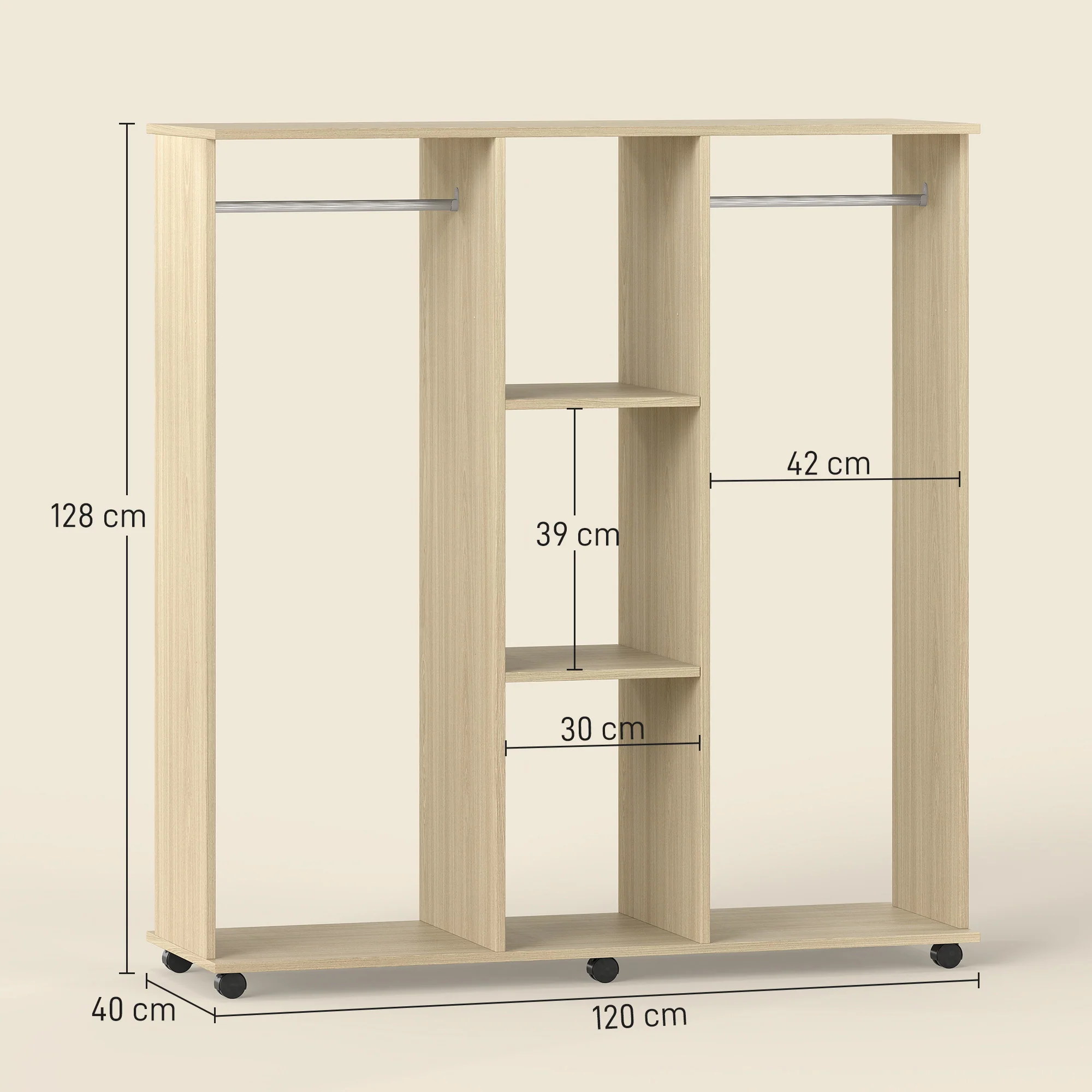 HOMCOM Mobile Double Open Wardrobe w/ Clothes Hanging Rail Colthing Natural - Image 5