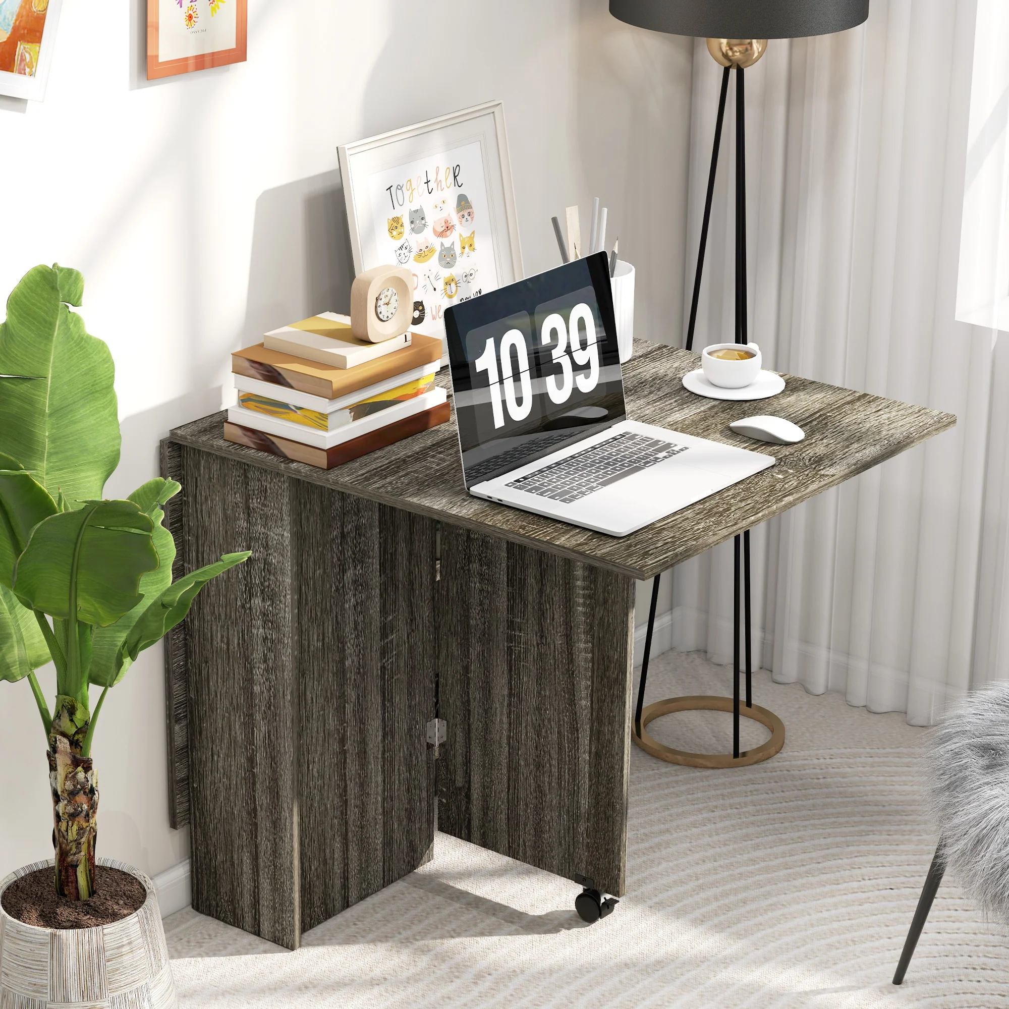 HOMCOM Mobile Drop Leaf Dining Table Folding Desk W/ 2 Wheels Storage Shelves - Image 8
