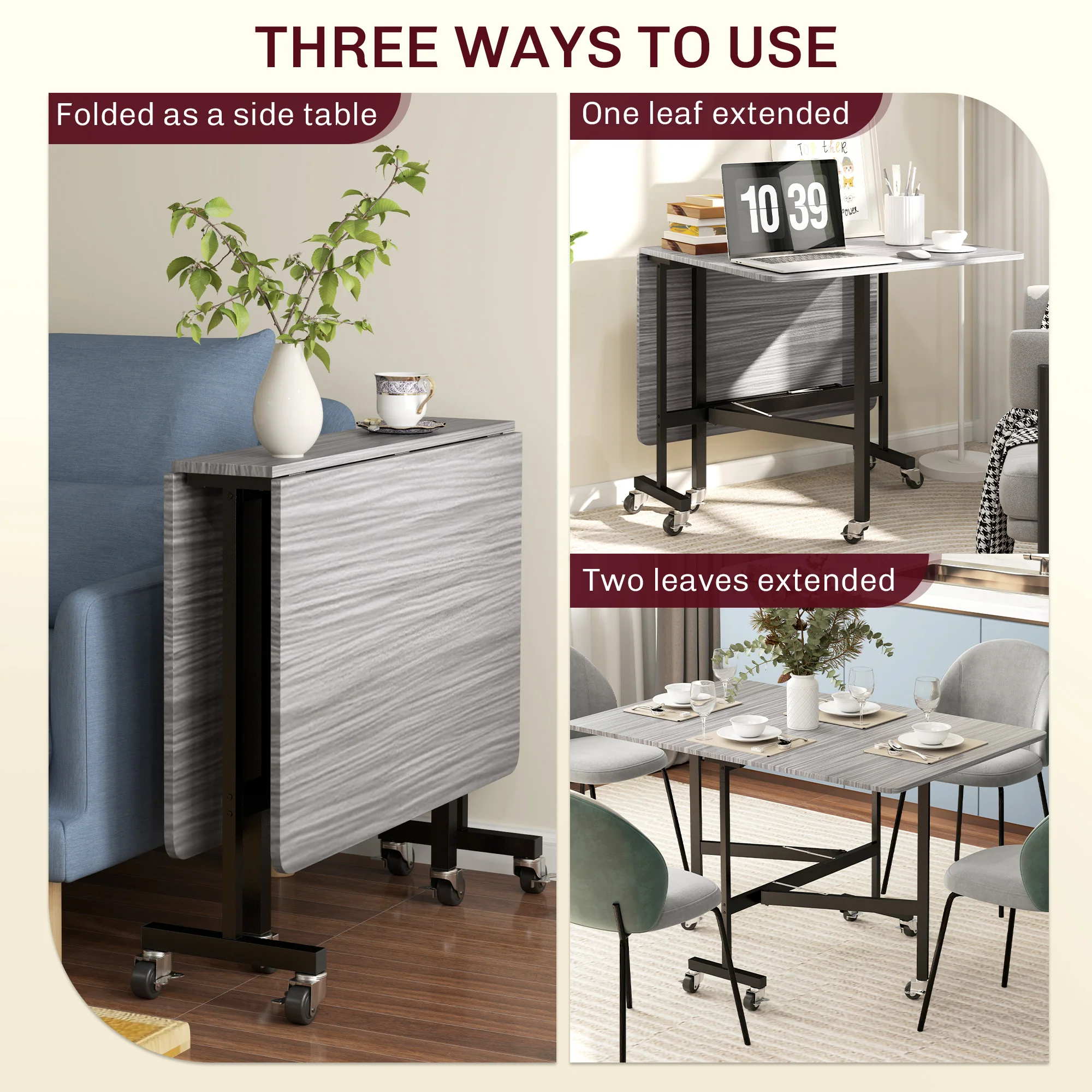 HOMCOM Mobile Drop Leaf Table, Folding Kitchen Table with 6 Wheels - Image 3