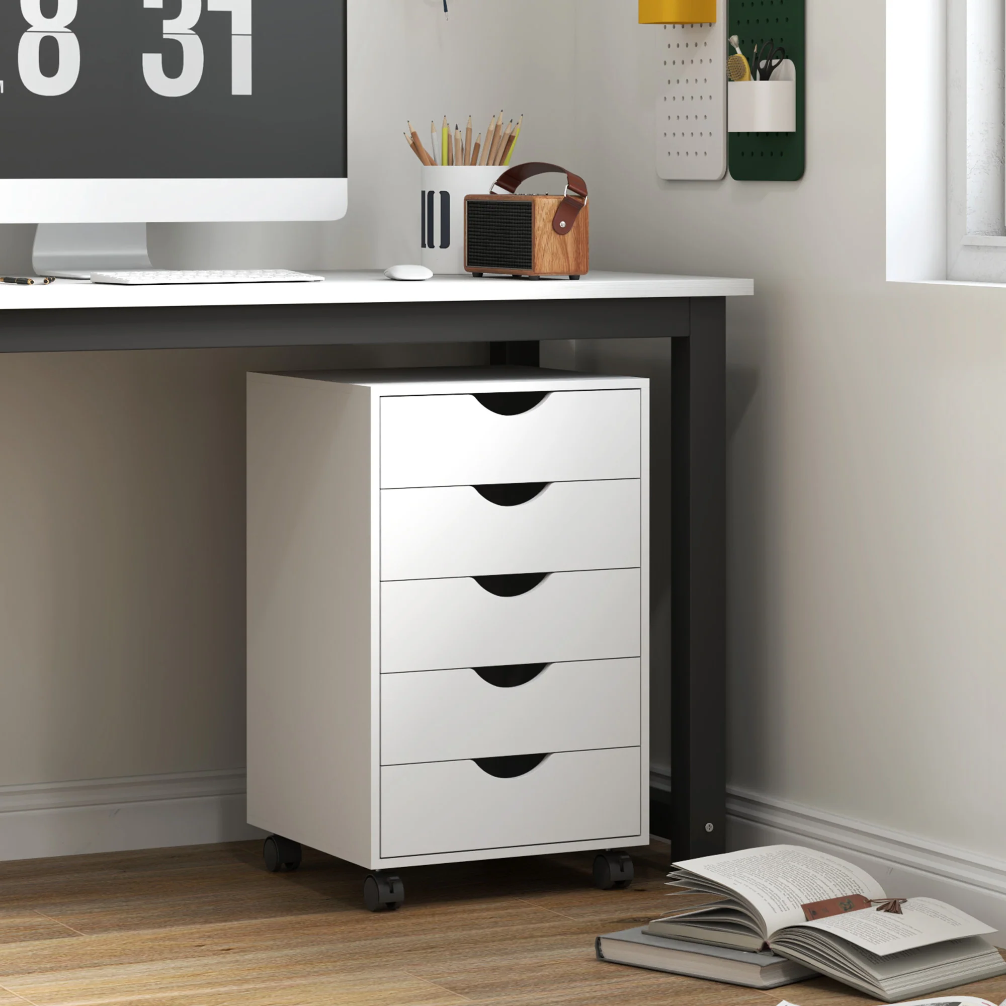 HOMCOM Mobile Vertical Filing Cabinet with 5 Drawers for Home Office, White - Image 2