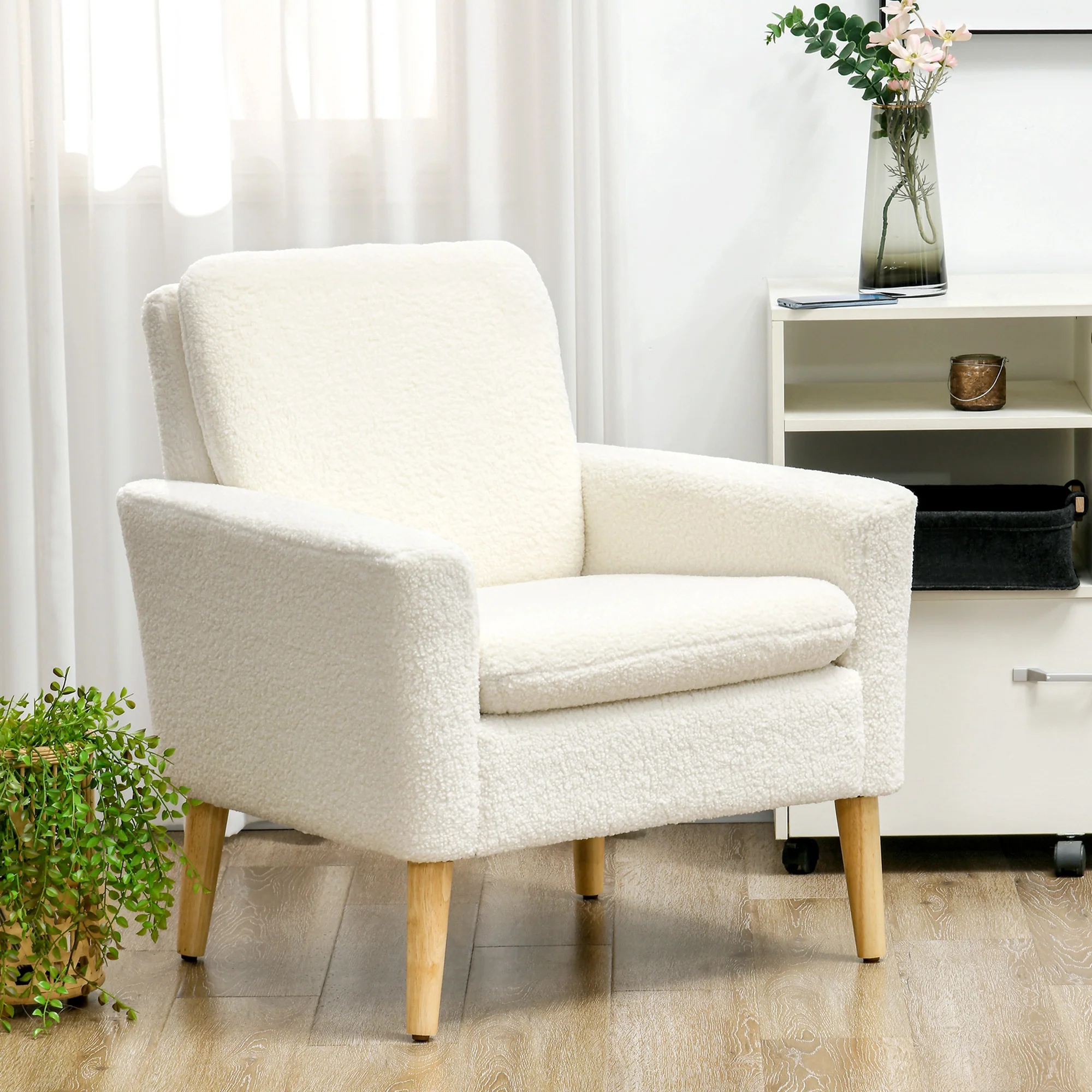 HOMCOM Modern Accent Chair With Wood Legs, Wide Seat, Teddy Armchair, Cream - Image 2