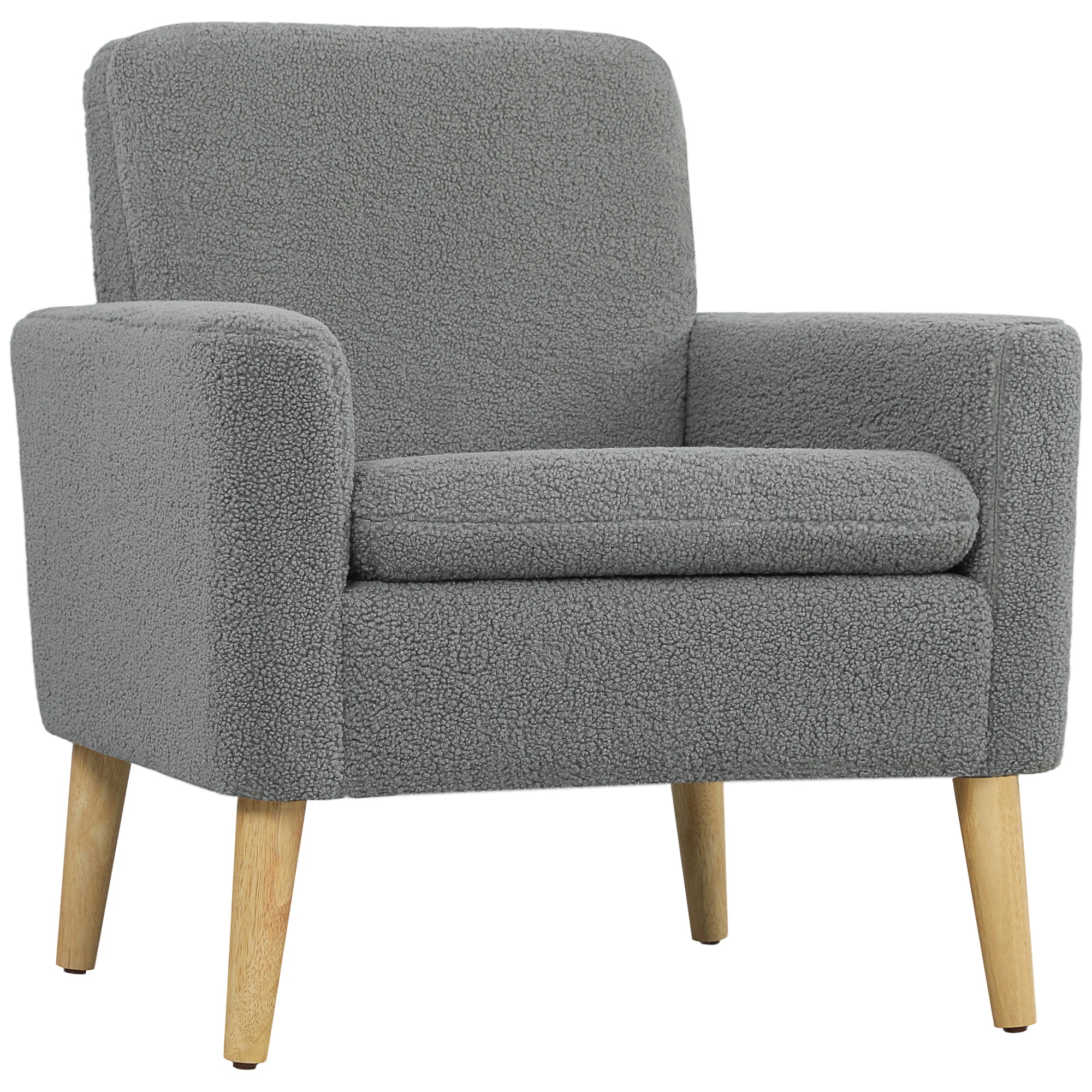 HOMCOM Modern Accent Chair With Wood Legs, Wide Seat, Teddy Armchair, Grey