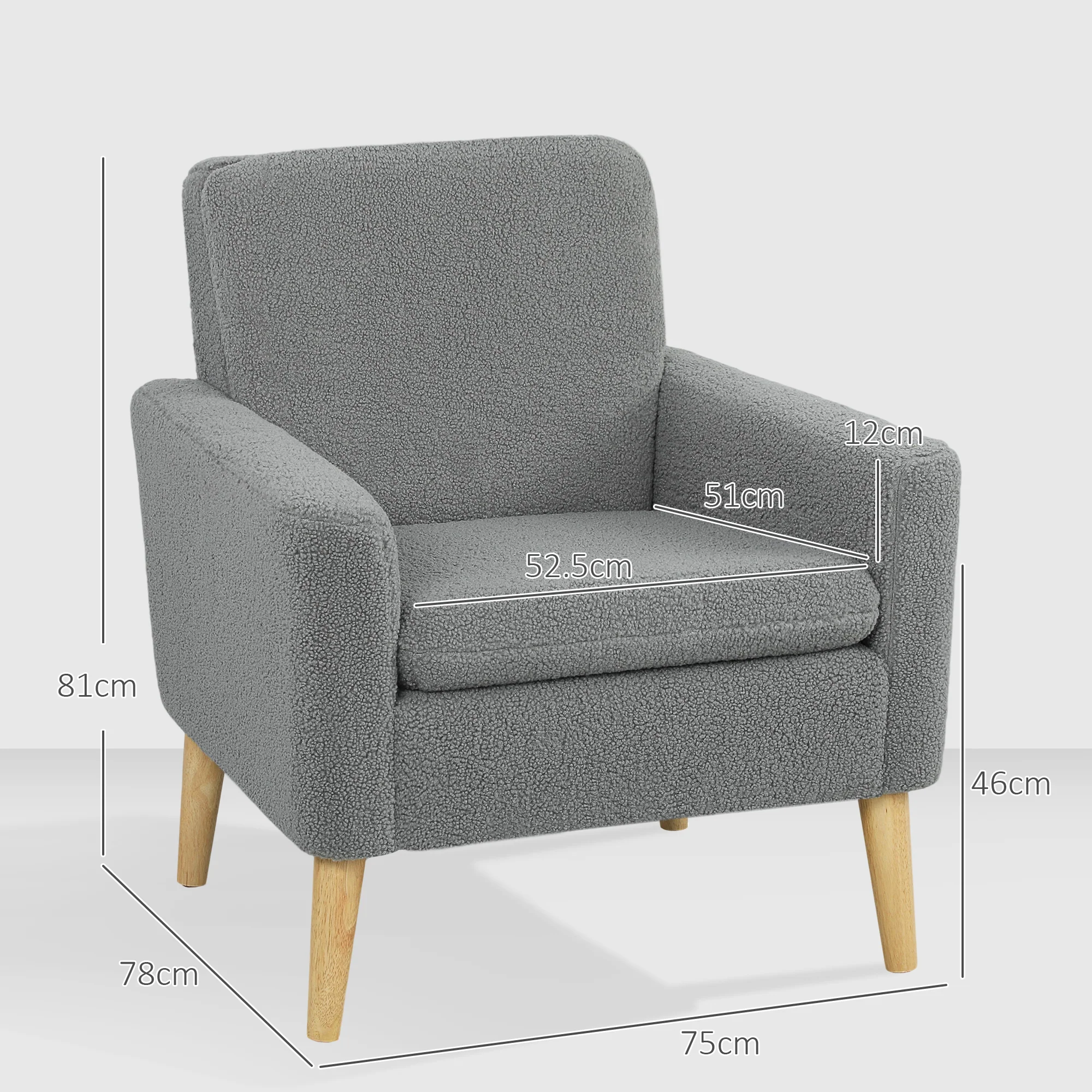 HOMCOM Modern Accent Chair With Wood Legs, Wide Seat, Teddy Armchair, Grey - Image 5
