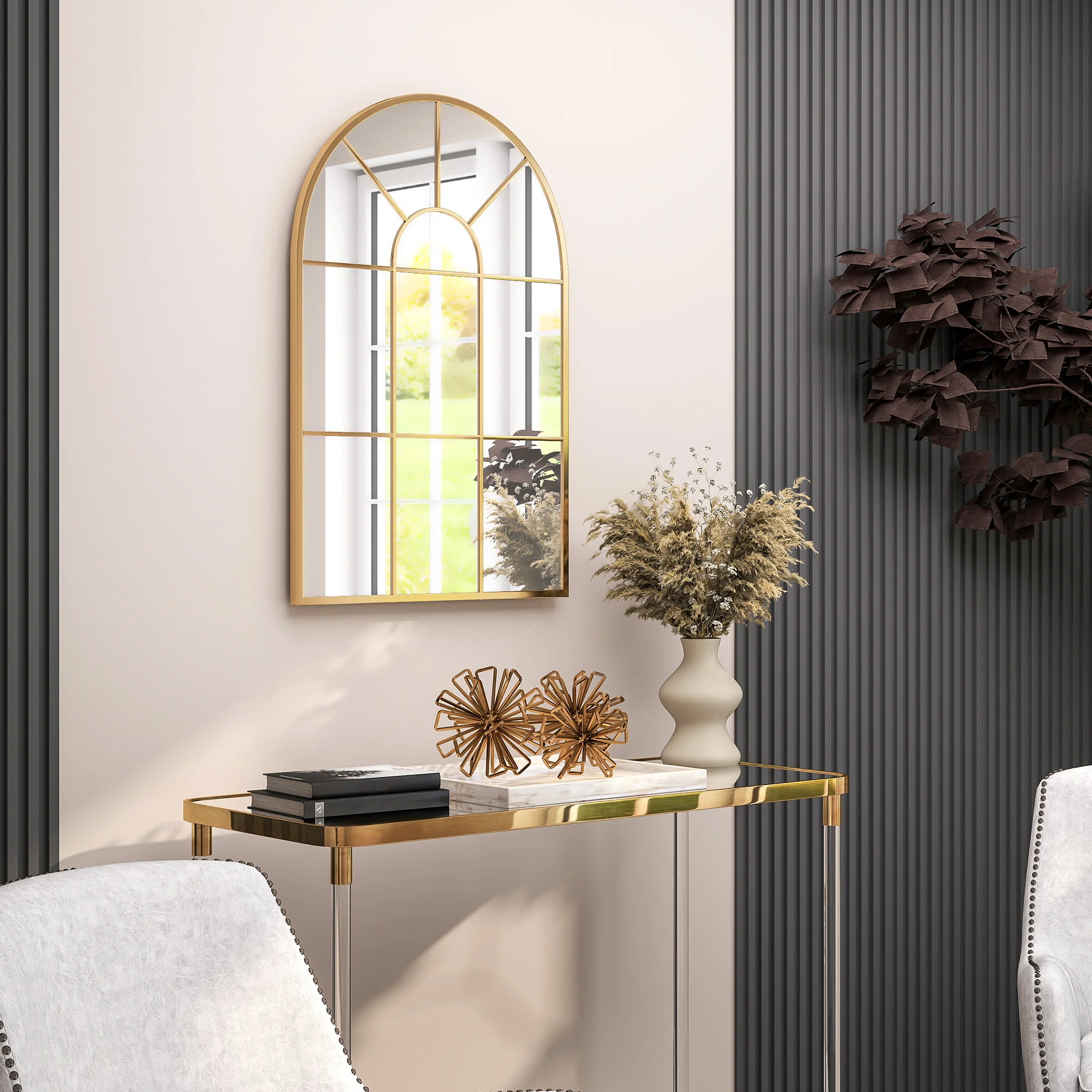 HOMCOM Modern Arched Window Wall Mirror for Bedroom, 91x60cm, Gold Tone - Image 8