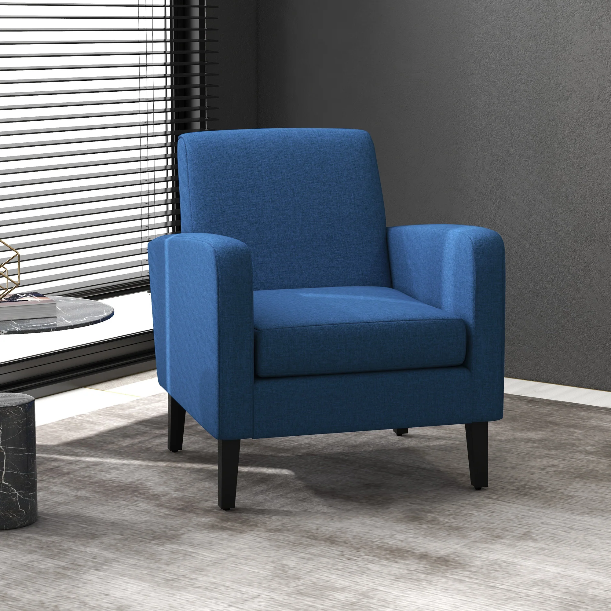 HOMCOM Modern Armchair Accent Chair with Rubber Wood Legs for Bedroom Blue - Image 2