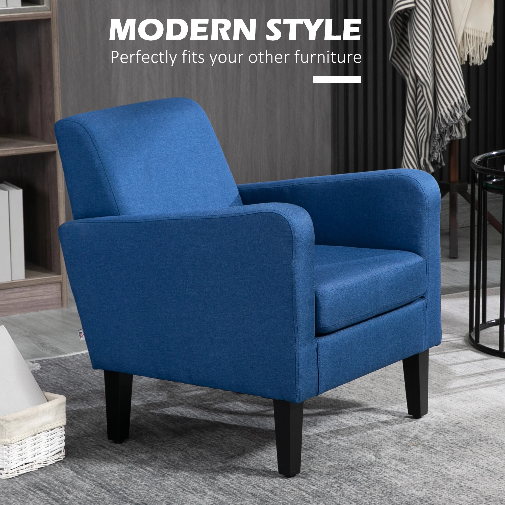 HOMCOM Modern Armchair Accent Chair with Rubber Wood Legs for Bedroom Blue - Image 3