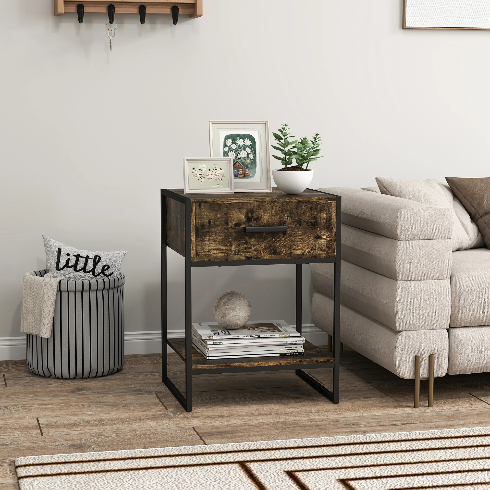 HOMCOM Modern Bedside Table, Nightstand With Drawer Shelf Rustic Brown - Image 8