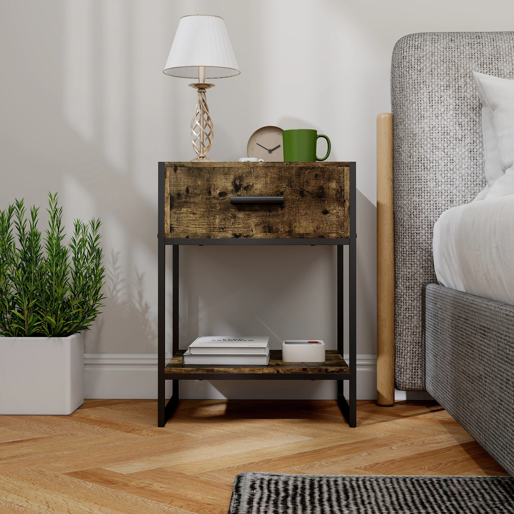 HOMCOM Modern Bedside Table, Nightstand With Drawer Shelf Rustic Brown - Image 9