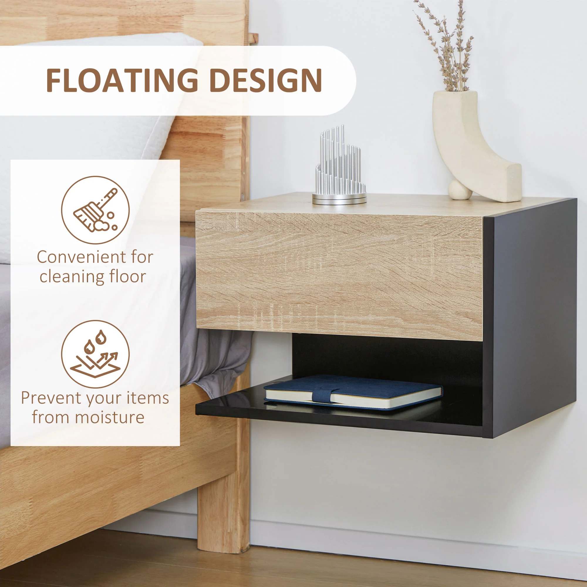 HOMCOM Modern Bedside Table Set of 2 with Drawer and Shelf - Image 4
