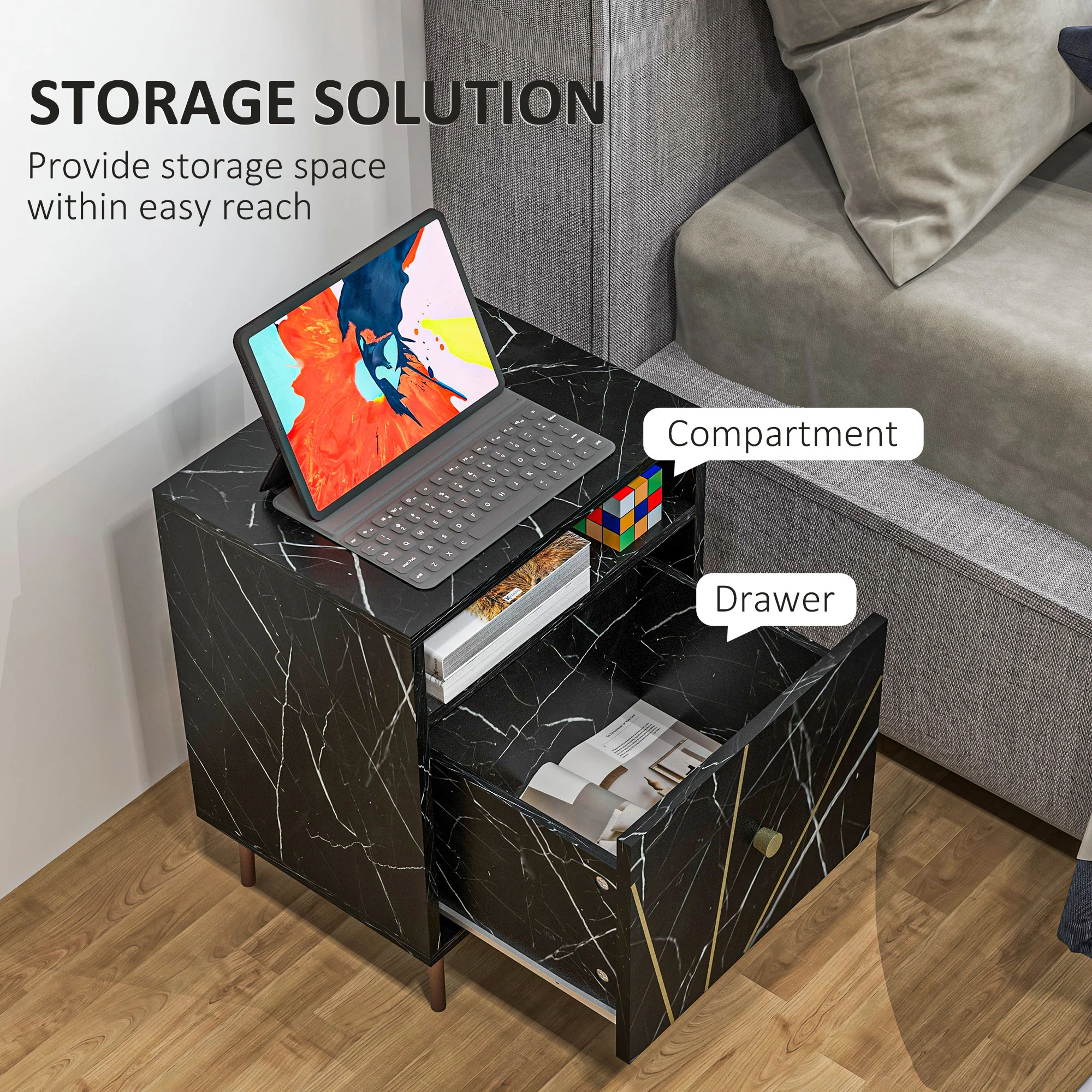 HOMCOM Modern Bedside Table With Drawer And Open Shelf Black Marble Effect - Image 4